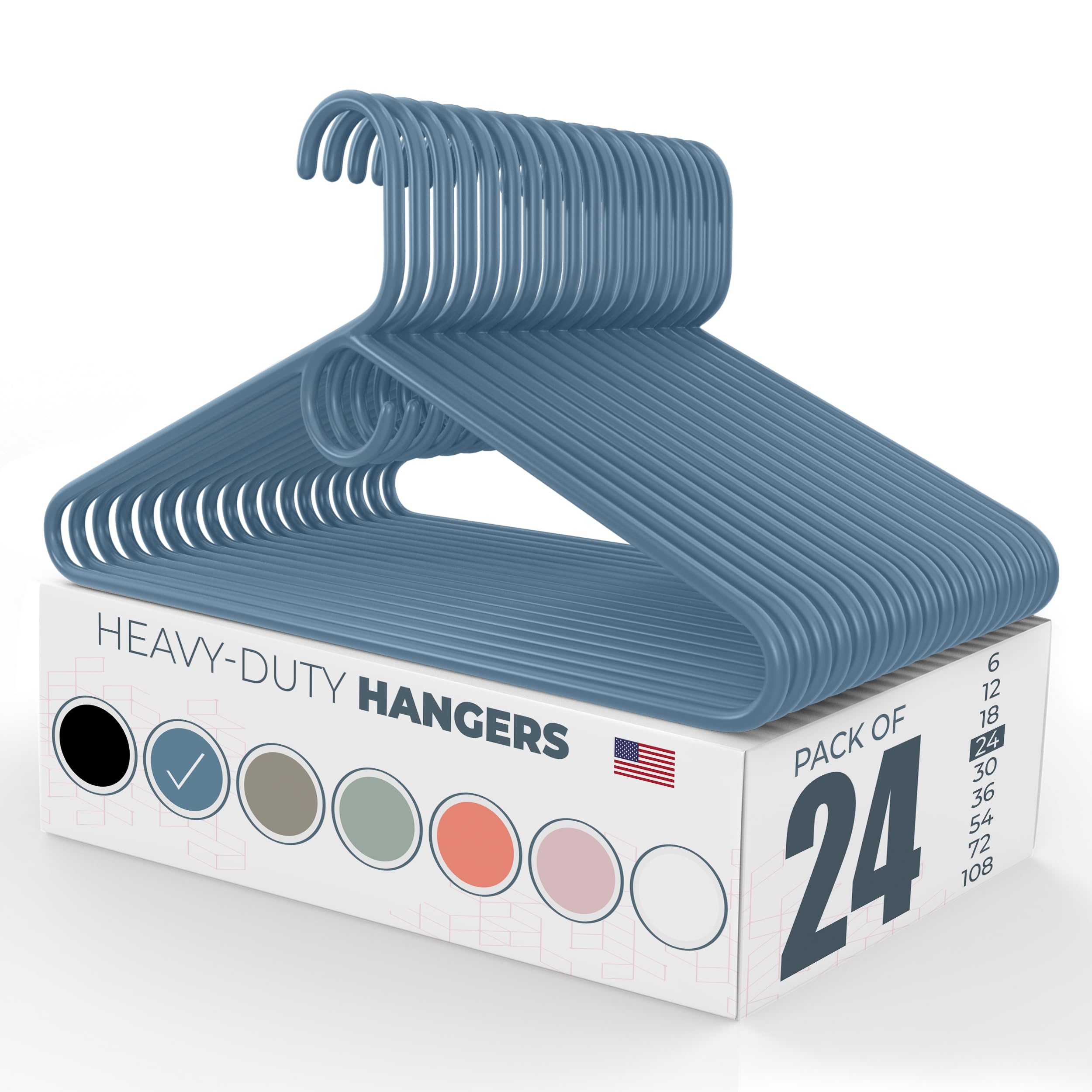 24pk Made in USA Heavy Duty Plastic Clothes Hangers Bulk | 20 30 50 100 Pack Available | Strong Plastic Hangers | Jacket Coat Hangers | Thick Plastic Hanger for Closet and Clothing Hangars (Blue)