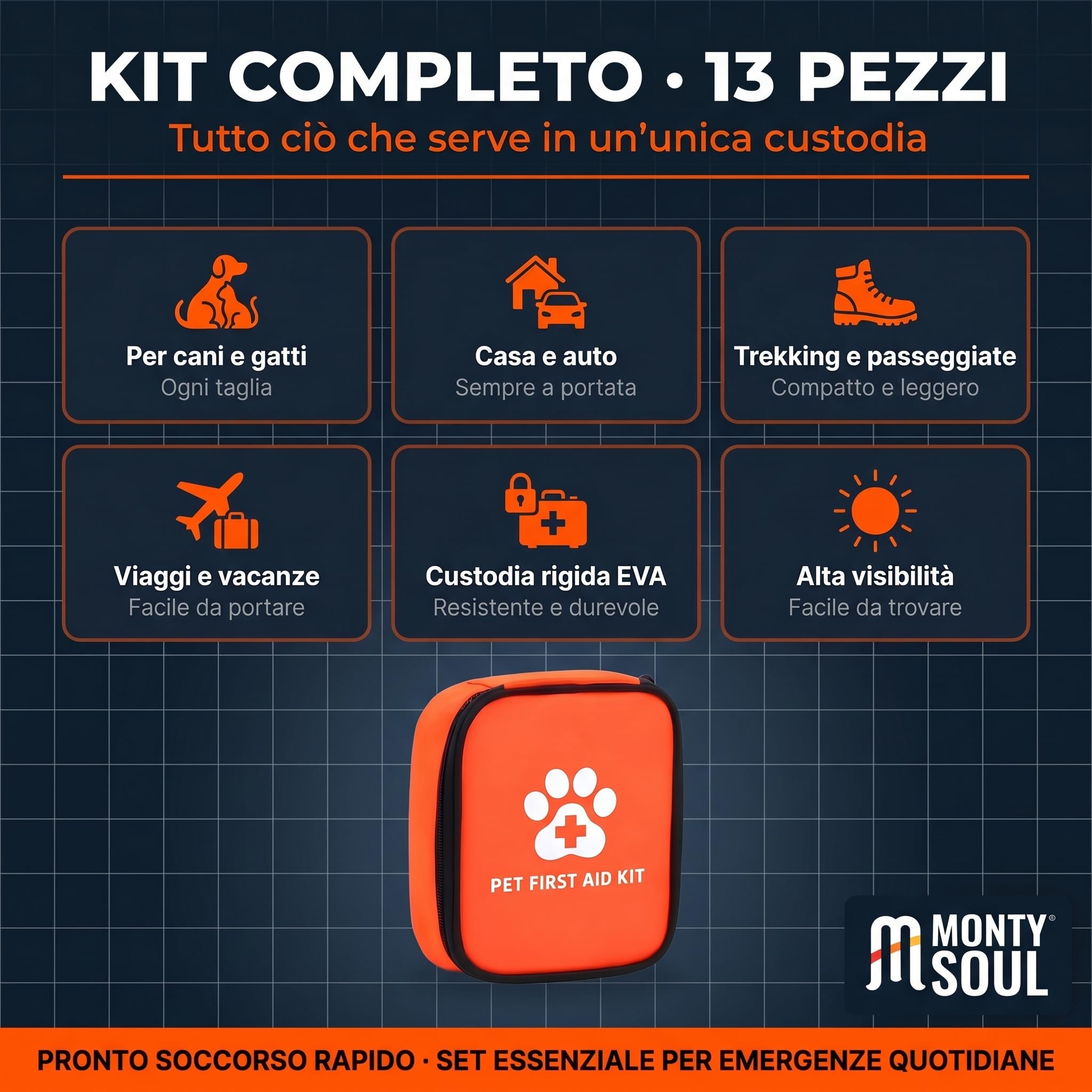 Kit di Pronto Soccorso per Animali Domestici - Set Essenziale per Emergenze Quotidiane, Custodia Compatta - Leggero da Viaggio e Passeggiate - Alta Visibilità (13 Pezzi)