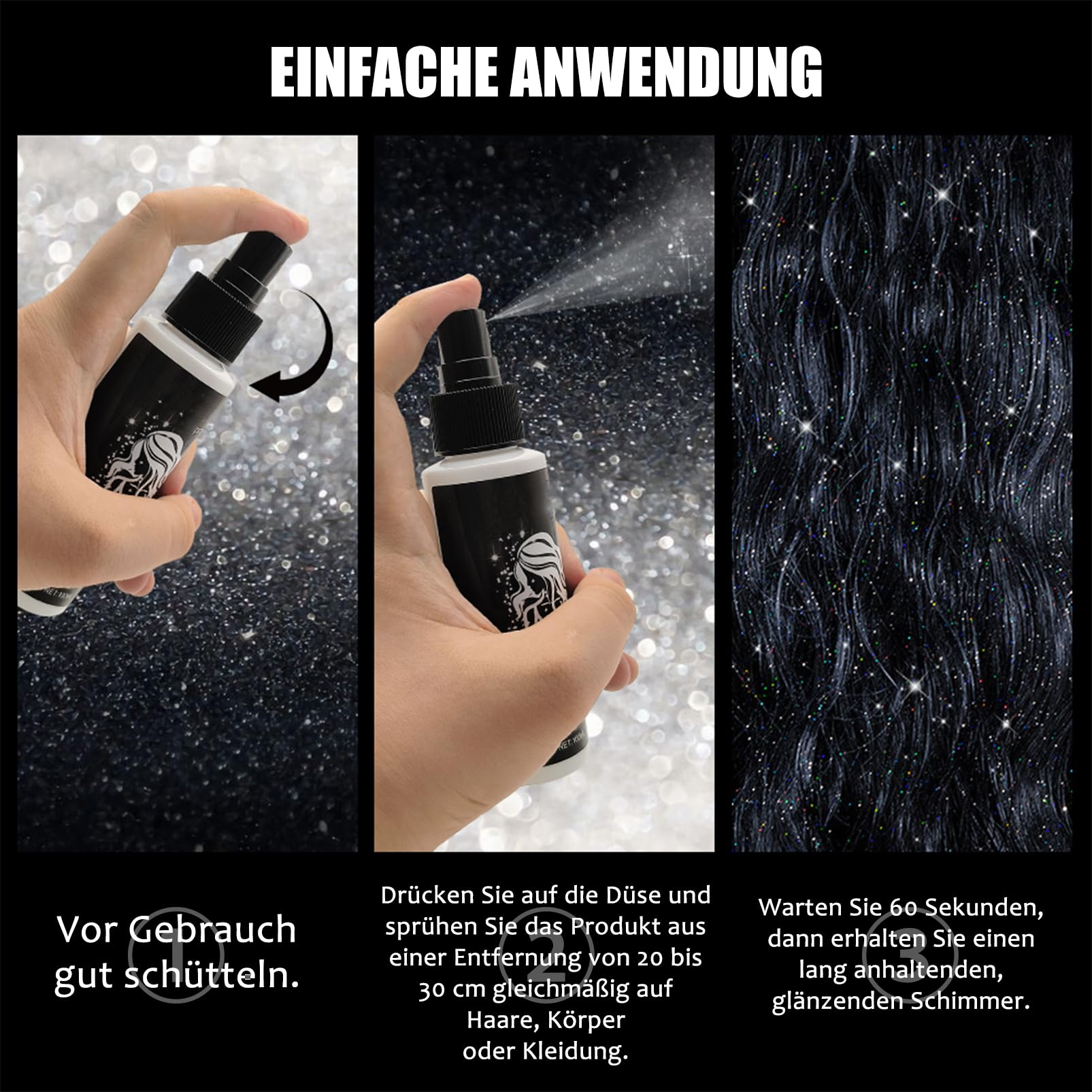 Spray glitter argento, glitter spray per capelli e corpo, glitter per viso e vestiti, body glitter spray con nebbia ultra fine, accessori per festival ad asciugatura rapida per Halloween Carnevale