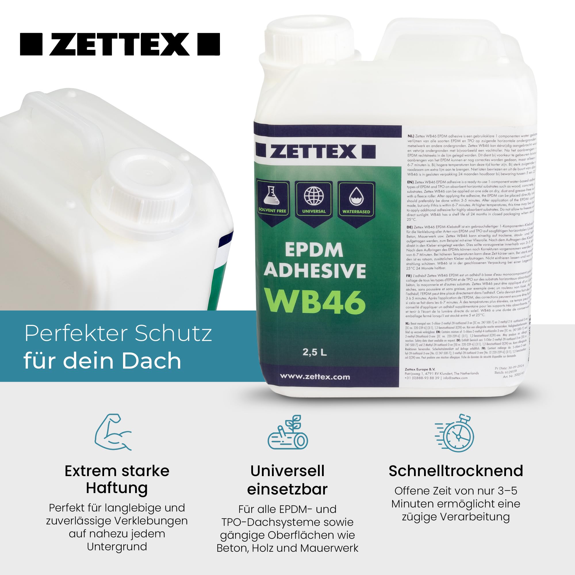 EPDM Colle WB46 - 2,5 L - Blanc - Sans Solvant & À Base D'eau - Pour Bois, Béton & Maçonnerie - Résistant À L'eau