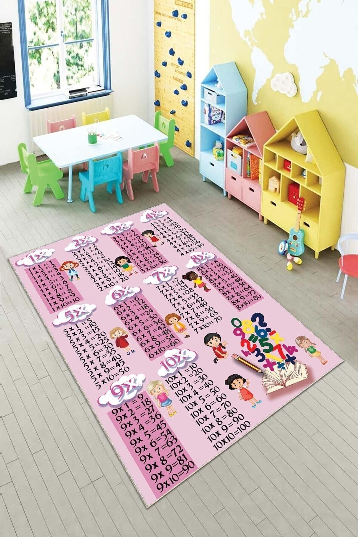 Pelangi Pembe Çarpım Tablolu Eğitici Yıkanabilir Kaymaz Taban Leke Tutmazbebek Ve Çocuk Odası Halısı, Koyu Pembe 80 x 300
