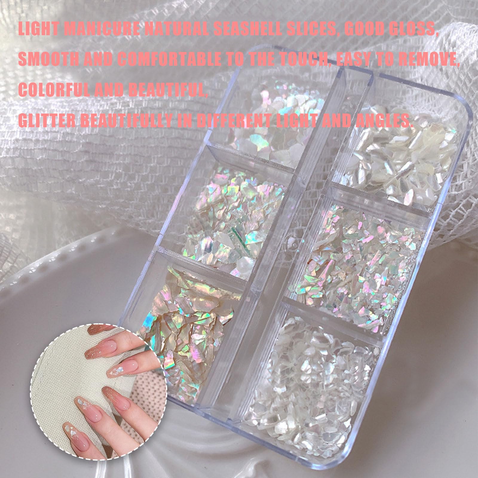 Nail Shell Flakes,1Box 6Grids Irregular Abalone Seashell Slices for Nail Art,Nail Abalone Shell Pieces Sequins Nail Art Decorations Manicure Mermaid Slice UV Gel Flake (6 Grids) - Image 3