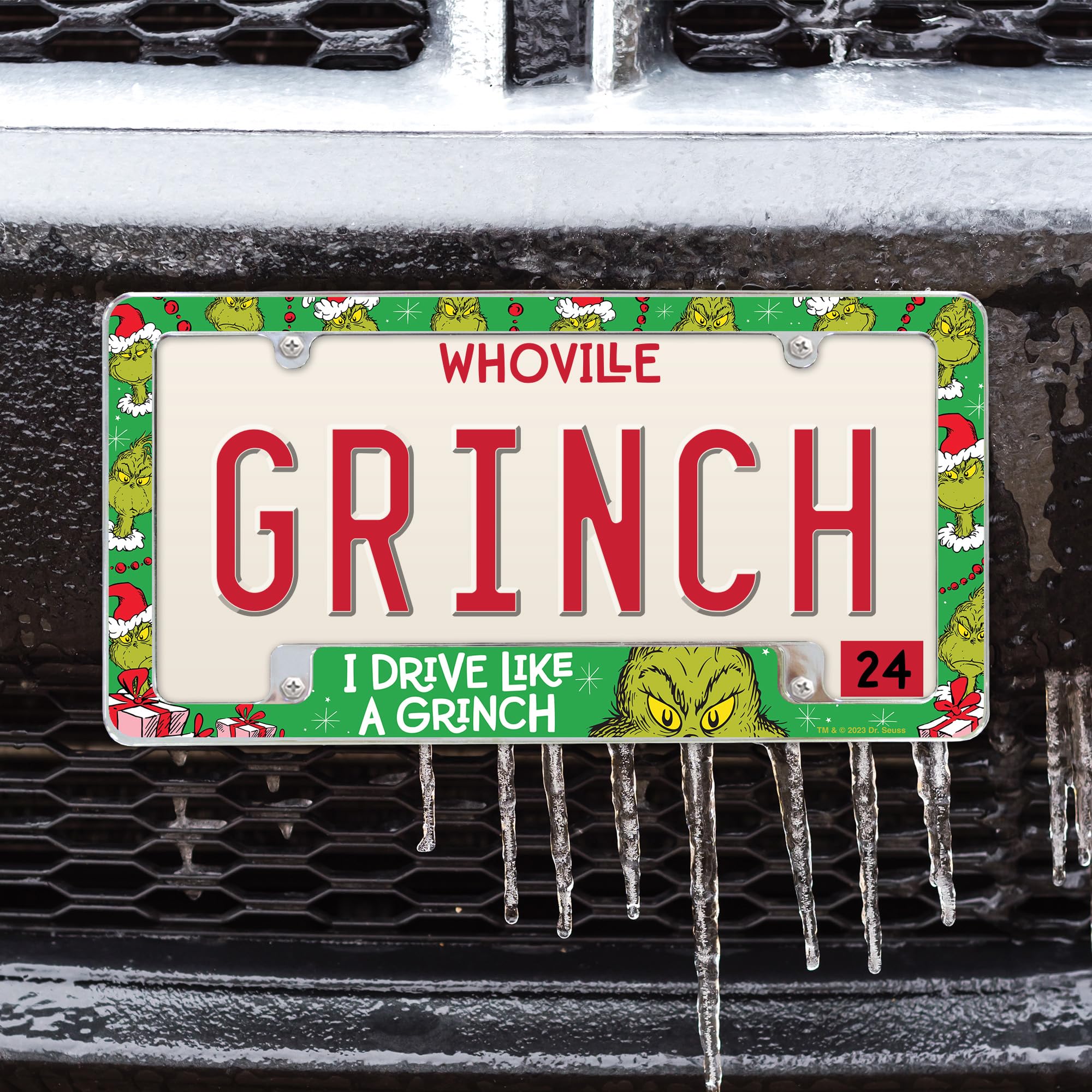 Rico Industries Grinch Drive Like a Grinch 30,5 x 15,2 cm Chrom All Over Automotive Kennzeichenrahmen für Auto/LKW/SUV