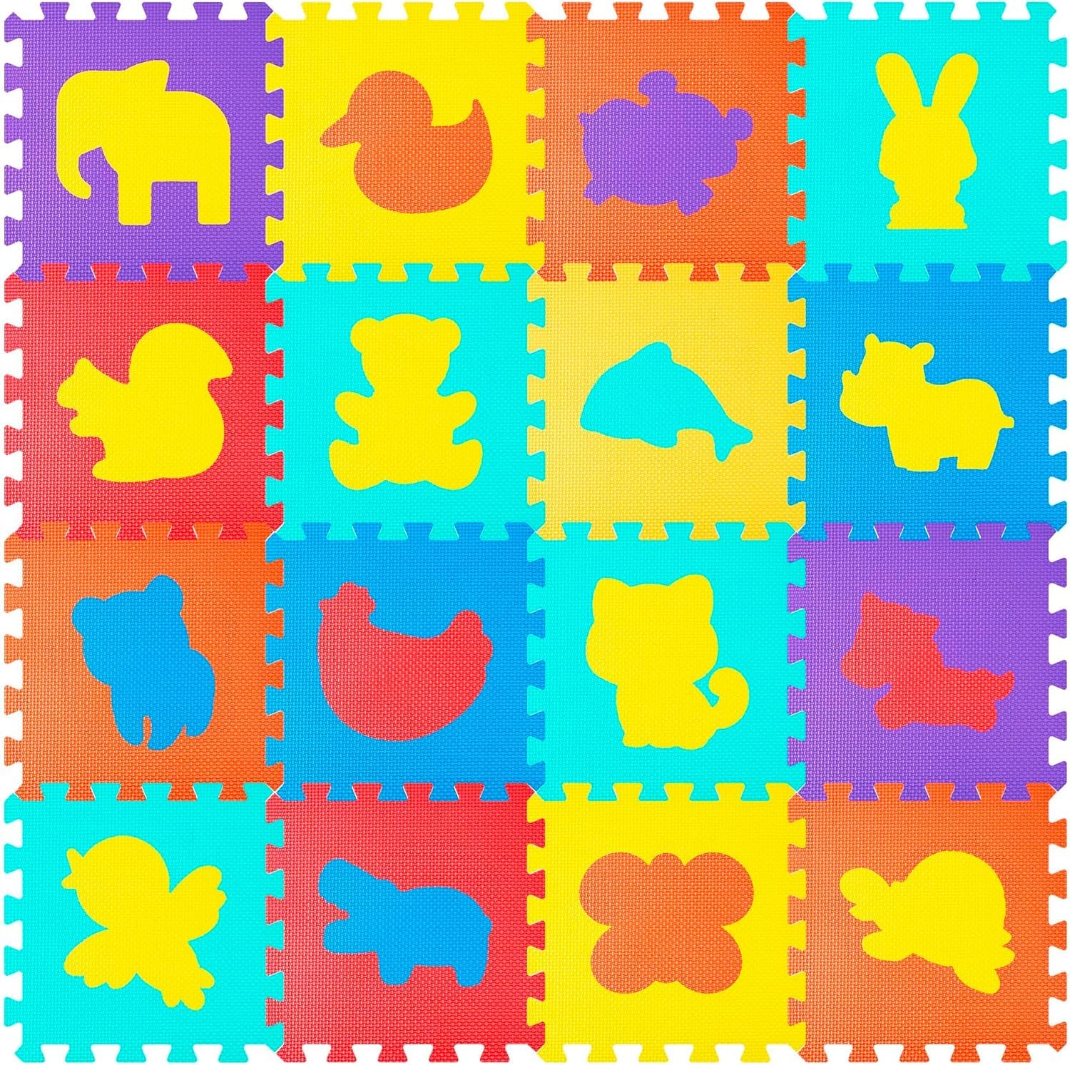 Baby Spielmatte 16 Teile (120x120 cm) – Sichere & Lernfördernde Eva-Schaumstoffmatte | Tiermotive | rutschfest | Wasserfest | Für Zuhause & Kita (Tierdesign)