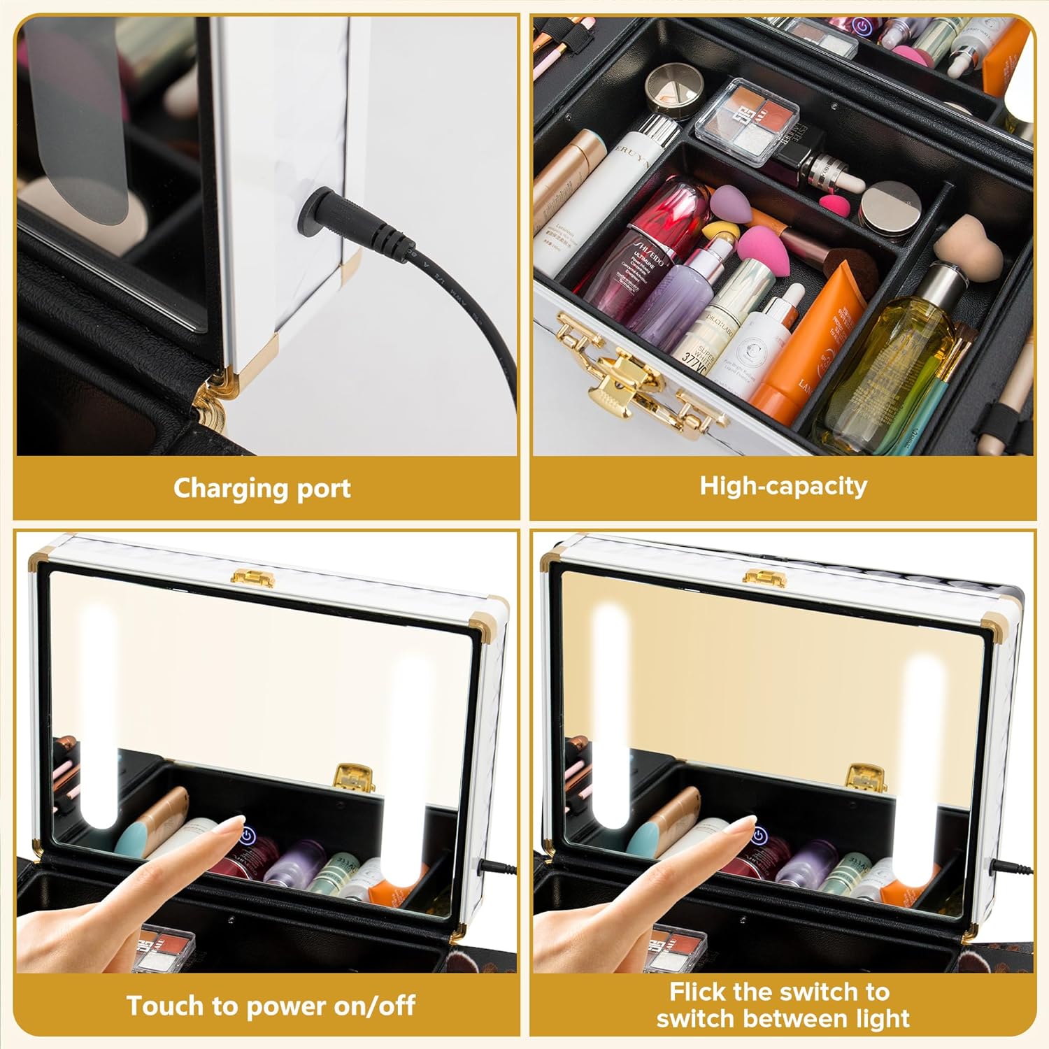 Portable Makeup Case,Cosmetic Box,Beauty Makeup Train Case,with LED Mirror,Travel Makeup Bag Cosmetic Organizer Box with Locks, Brush Holder, Dividers, Rechargeable,Aluminium Alloy, White (White)