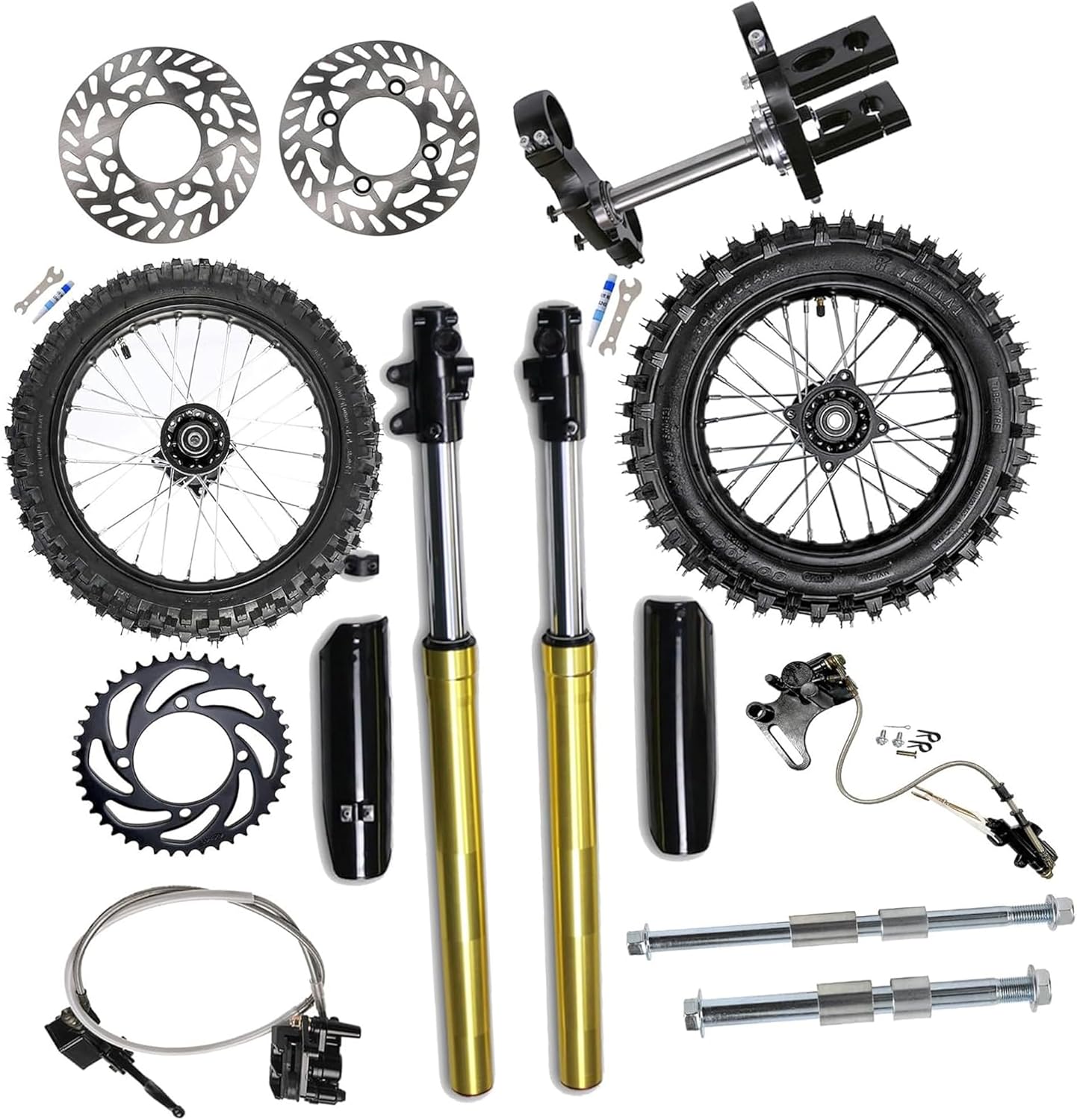 60/100-14 Front Wheel & 80/100-12 Rear Wheel Kit with 735mm Front Fork, Triple Tree, Brake Rotors, Calipers, 15mm Axles & 41T Sprocket for Pit Dirt Bike Off-Road Motorcycle SSR Apollo TaoTao 70-125cc