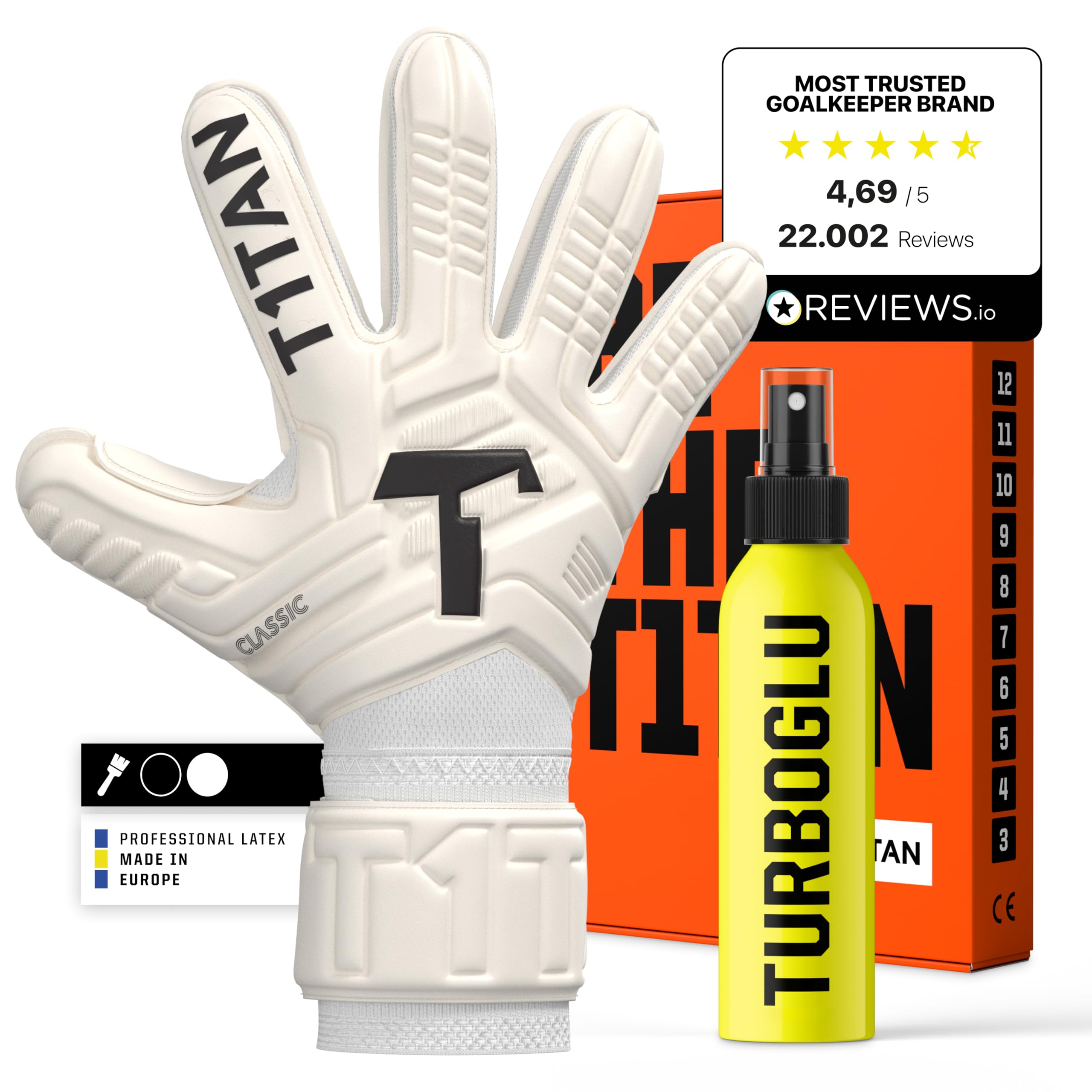 T1TAN Classic 1.0 White-Out + Turboglu - Goalkeeper Gloves and Grip Booster - without finger protection - Football gloves for goalkeepers - Size 3 — image 1