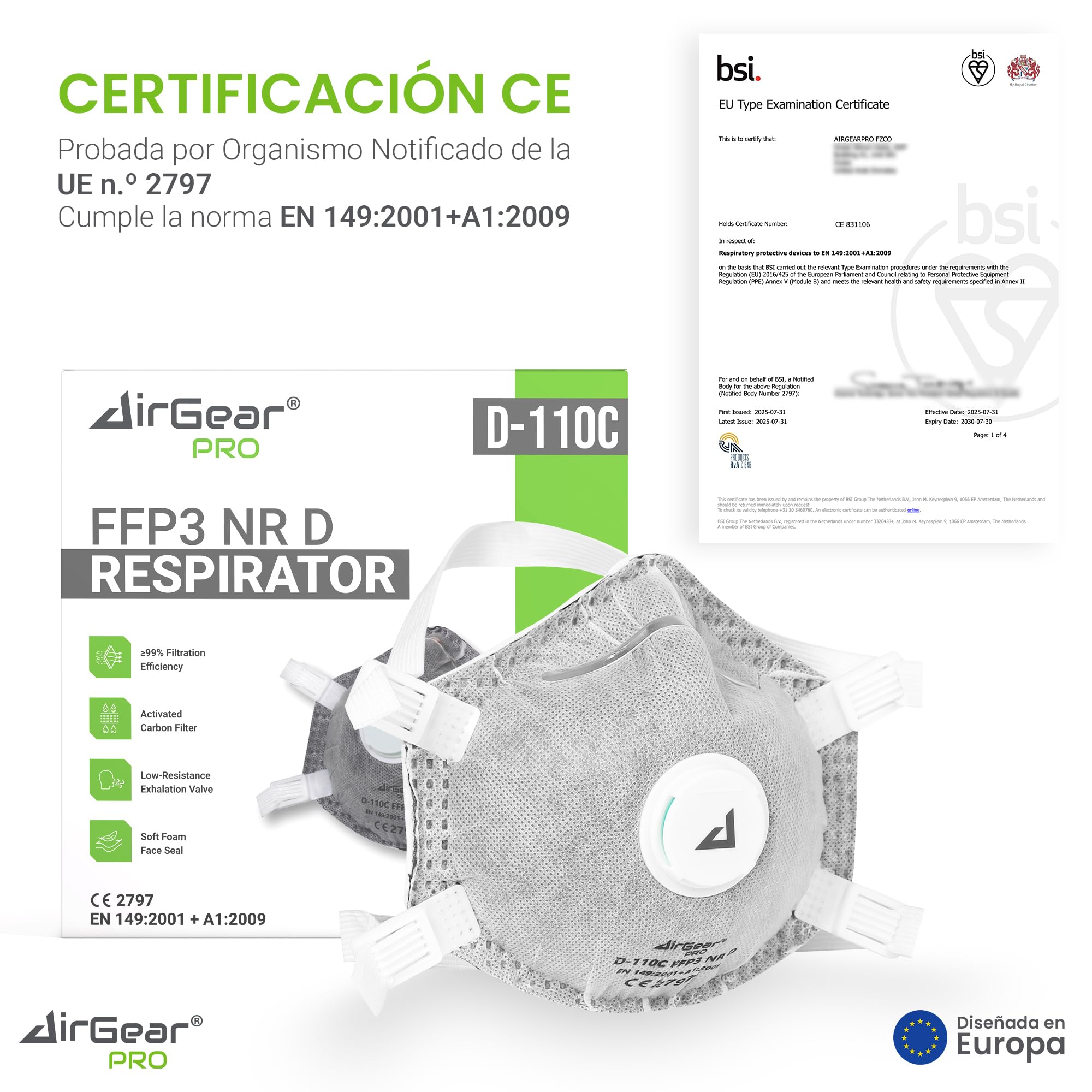 AirGearPro Mascarilla FFP3 con Válvula • Protección contra Polvo Fino • Carbón Activo • Respirador para Pintura y Construcción • Certificada CE • 10 Unidades
