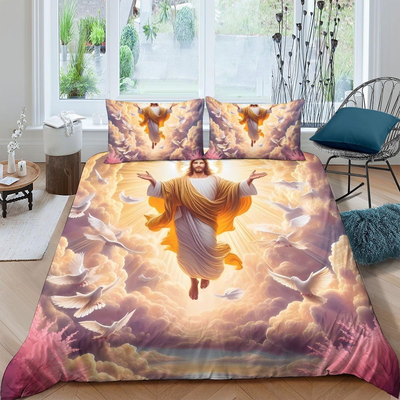 Ctjqhvkz Style-8 3D Printed Ascension Jesus Fitted Sheet Microfiber Soft Breathable Heaven Clouds Mattress Cover For Bedroom Home Décor Single（135X200cm）
