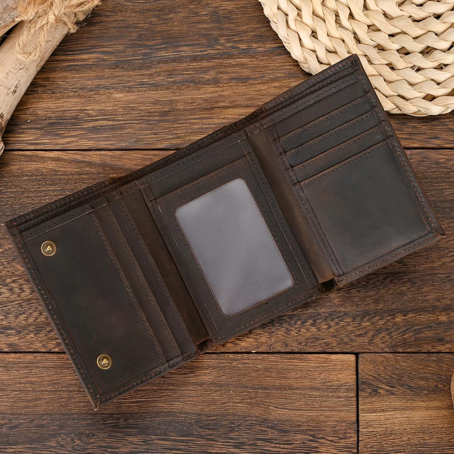 Genuine Leather Trifold Wallet with Anti-Theft Chain for Men Vintage Cash Coin Credit Card Purse with ID Window, Dark Brown - Image 9