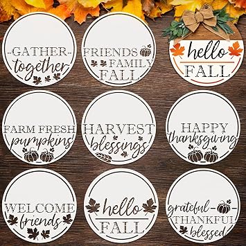 8 Pieces Fall Home Stencils for Painting on Wood 12" Large Autumn Thanksgiving Day Stencil for DIY Art Craft Home Decor Maple Leaves Pumpkin Wreath Wheat Ears Scarecrow Stencils
