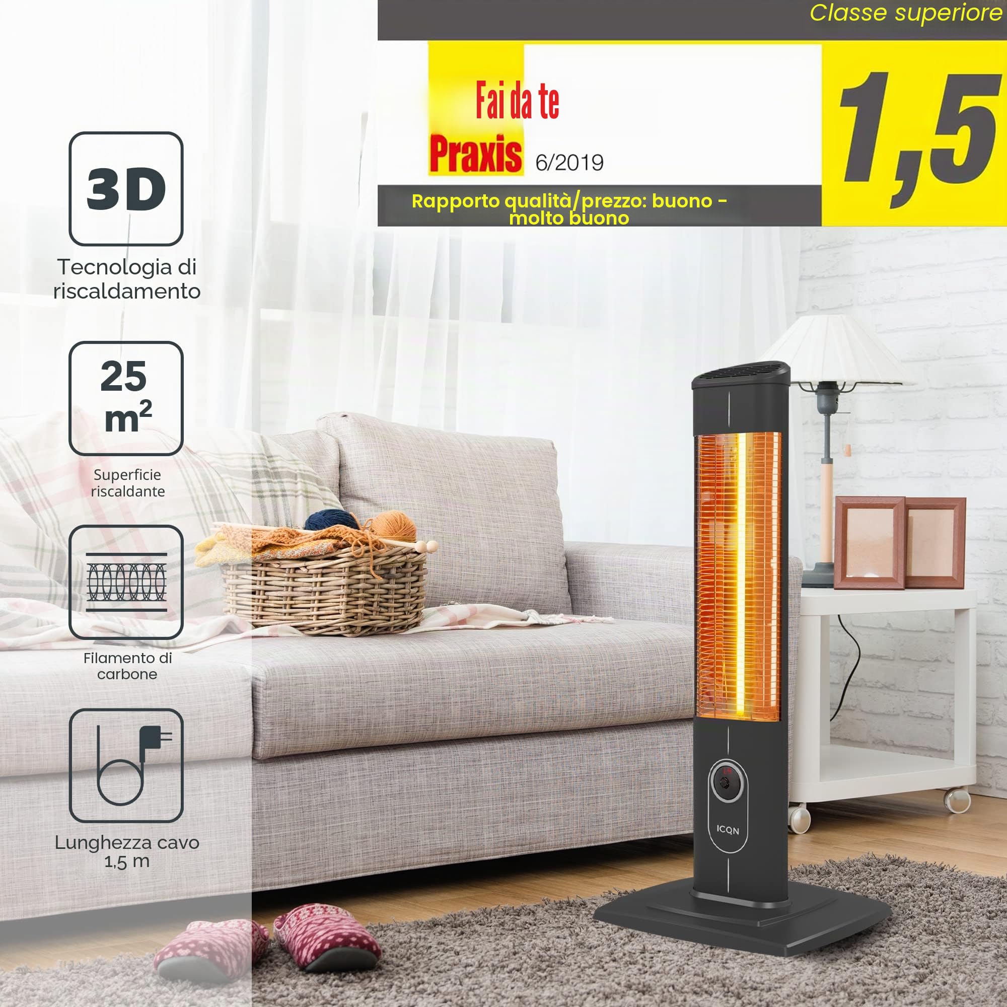 ICQN Stufa a infrarossi con telecomando | 2300 Watt | Potente riscaldamento carbonio | Per uso interno ed esterno | Per terazza | Base stabile | Display digital