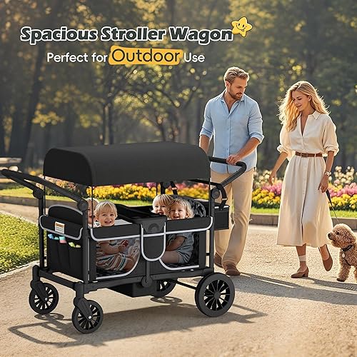 Miniatura 2 de TOLEAD Cochecito para 4 niños, plegable de 4 asientos para exteriores con toldo, manubrio ajustable, arnés de seguridad de 5 puntos, bandeja