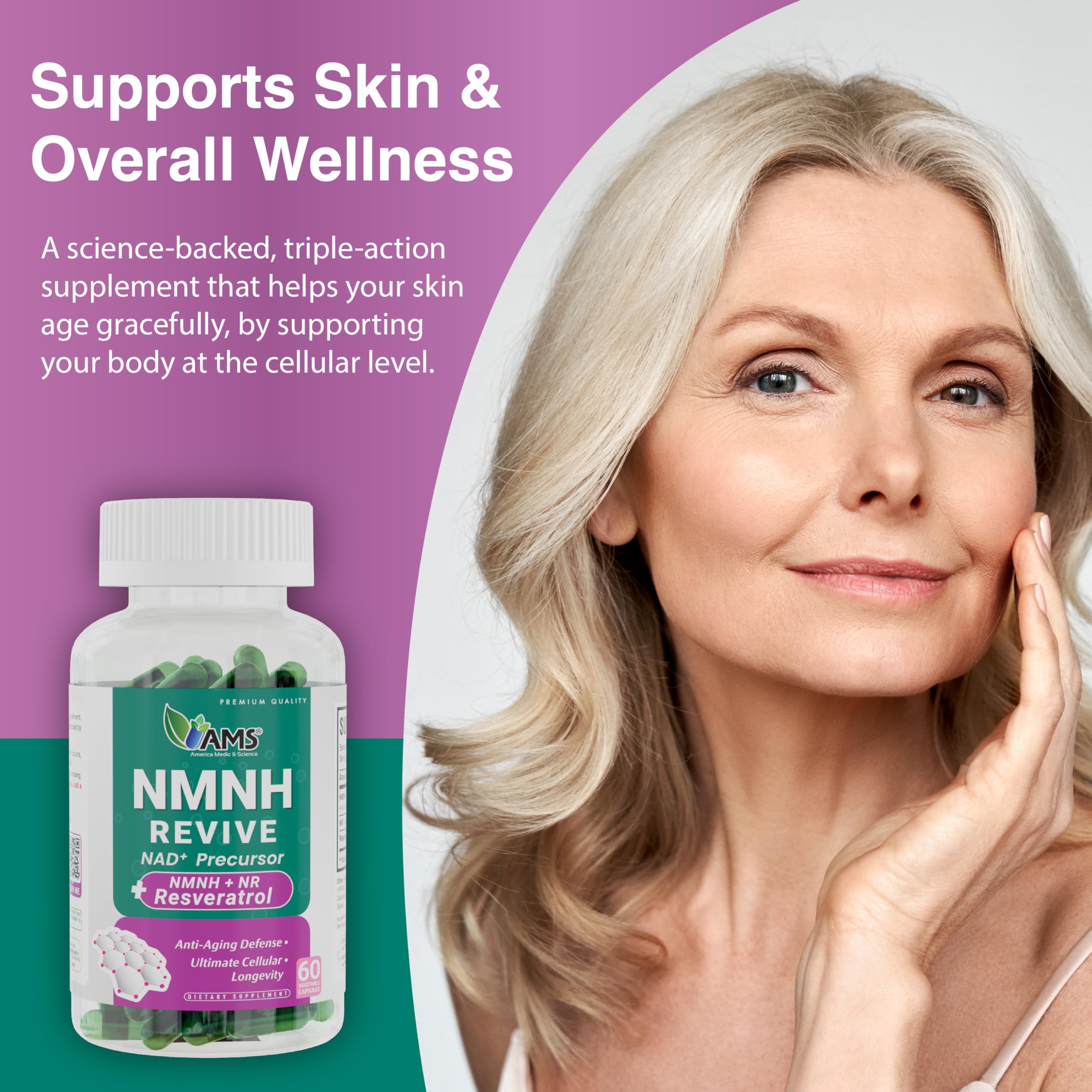 AMS NMNH Revive NAD+ Precursor 60 Capsules - Advanced Cellular Energy & Anti-Ageing Supplement, NMN Booster for Vitality, Longevity Support & Healthy Ageing, Two-Month Supply for Adults