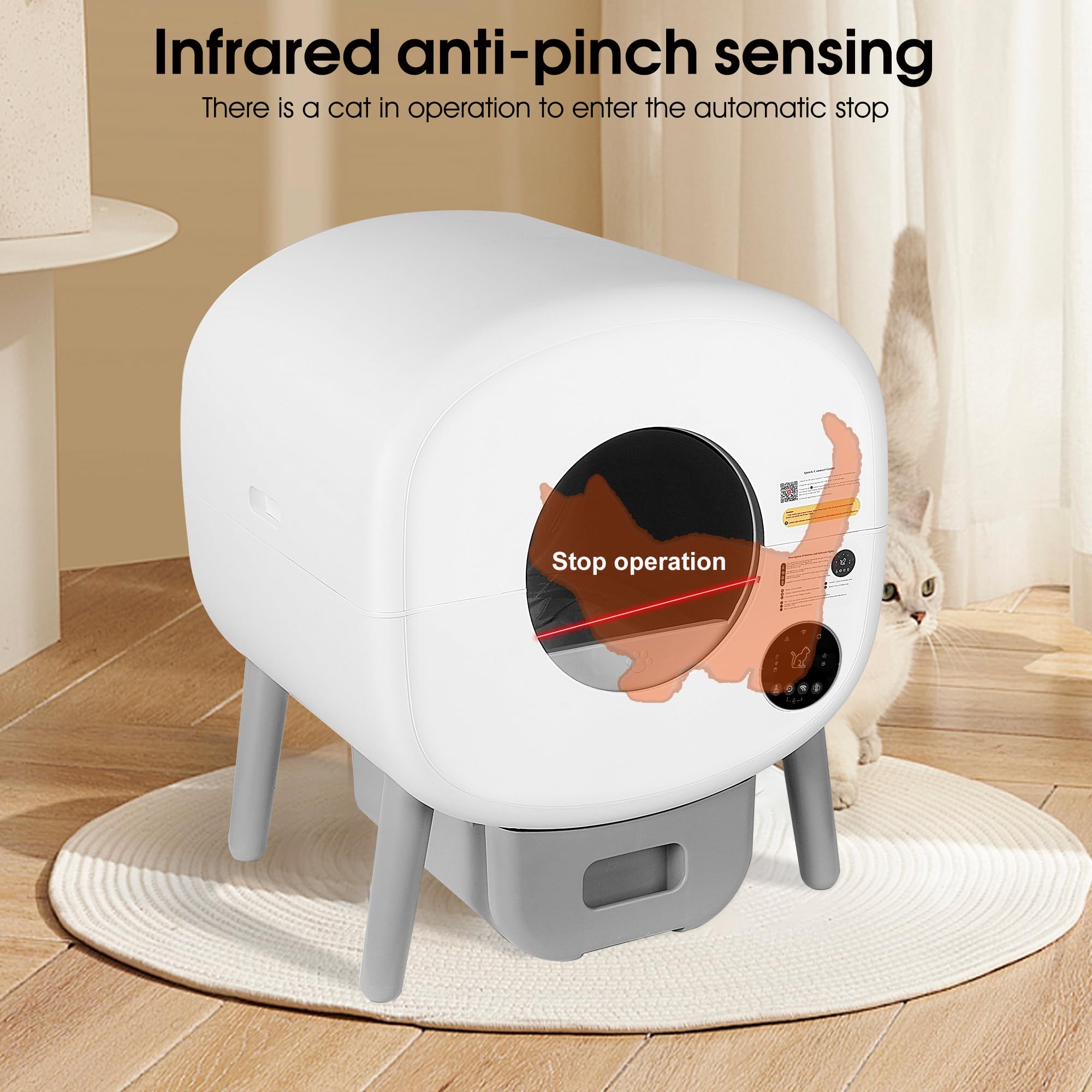 Arenero Gatos Autolimpiable, 76L+13L Arenero Inteligente para Gato con Control App, Protección de Seguridad, Sin Fugas Orina, Eliminación de Olores con 1 Rollos Bolsas Basura para Varios Gatos