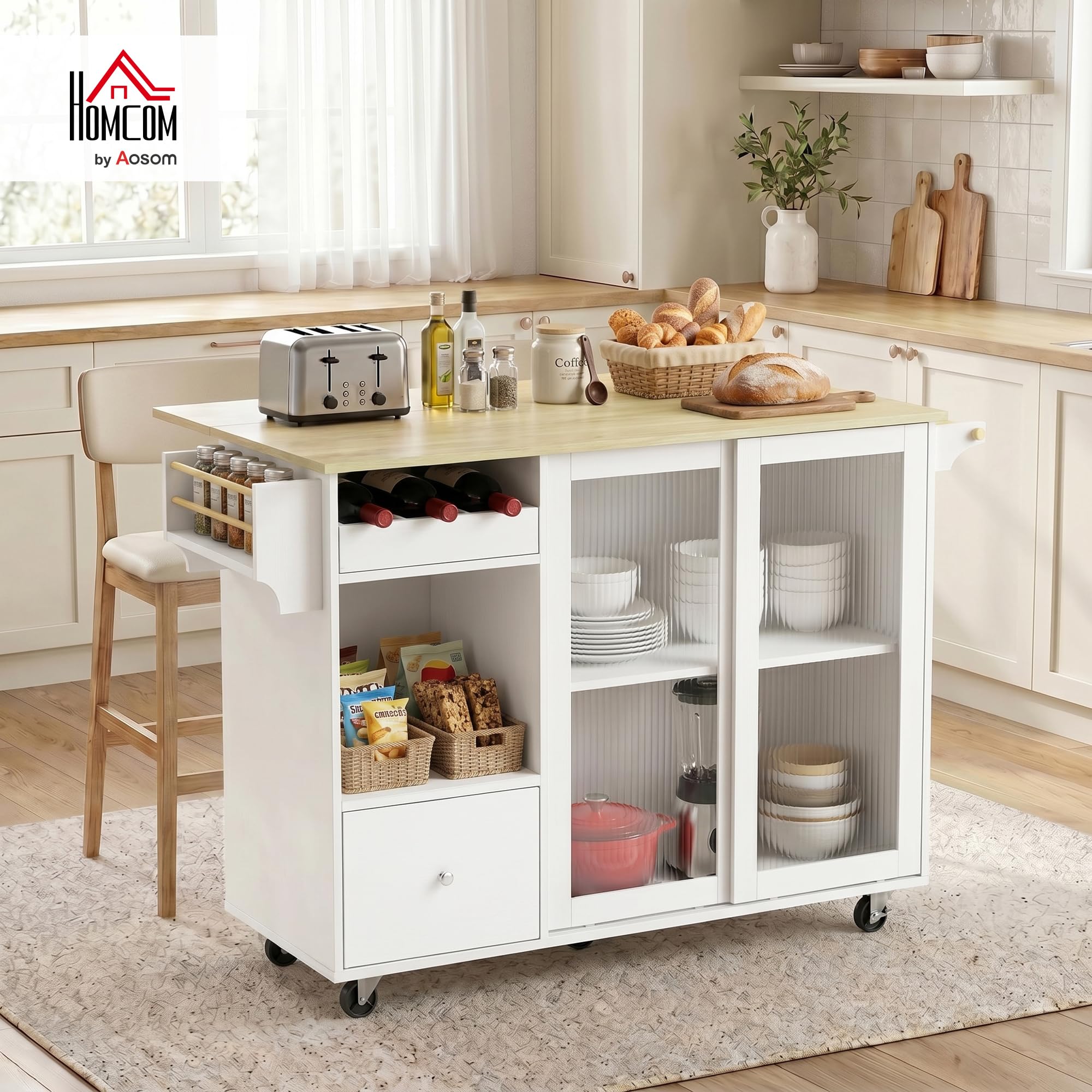 HOMCOM Isla de Cocina con Encimera Abatible, Botellero, Blanco y Roble | Carrito de Cocina, Puertas Correderas de Vidrio, Ruedas, Cajón, Especiero y Estante Ajustable
