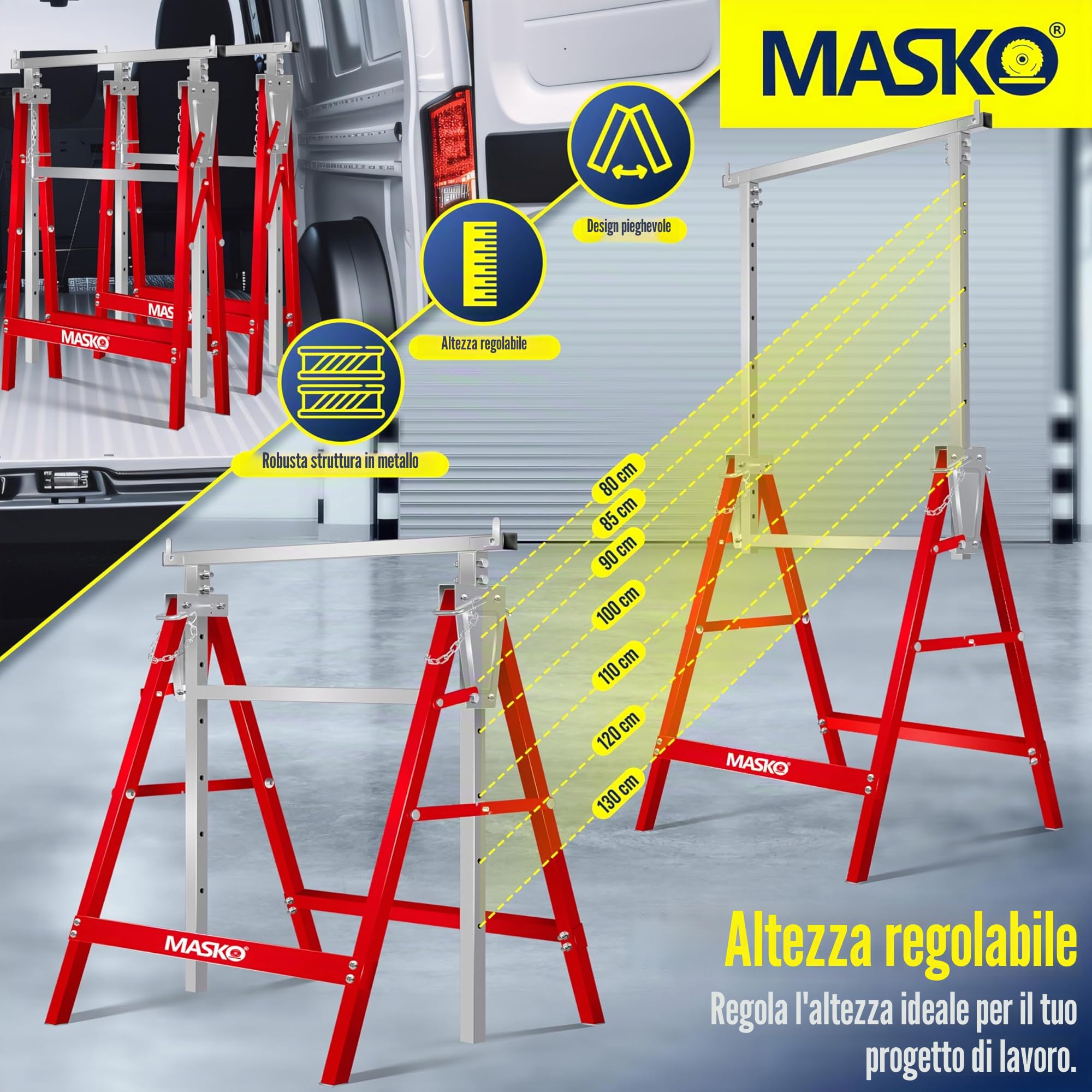 MASKO® Cavalletto da lavoro telescopico | Cavalletto pieghevole max. portata 200 kg | Regolabile in altezza min/max. altezza di lavoro 800 – 1300 mm | con guanti, Set di 2 - Argento/Rosso