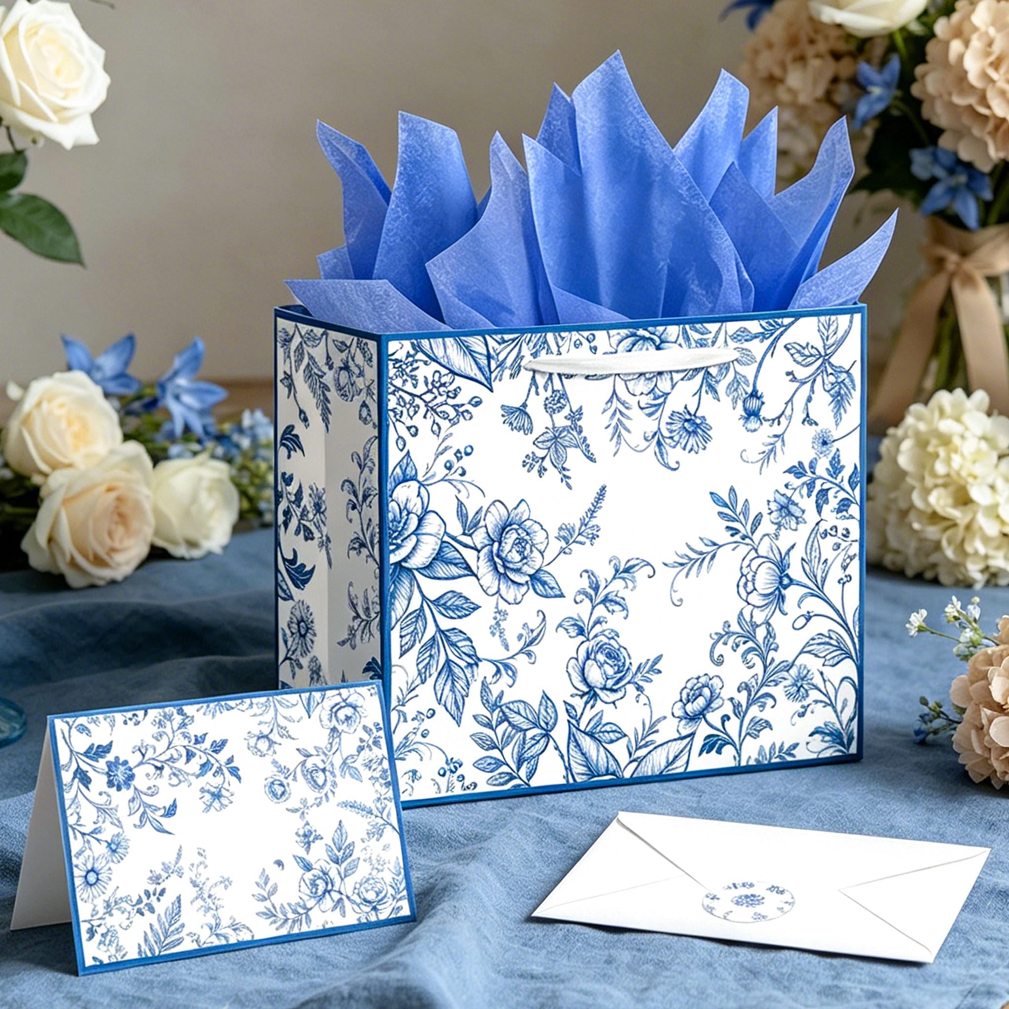 1PCS Dusty Blue Wedding Gift Bag 13 Inch Large Handheld Bag with Handles and Ribbon Bow Comes with Tissue Paper Card for Bridal Shower Engagement Bride Gifts