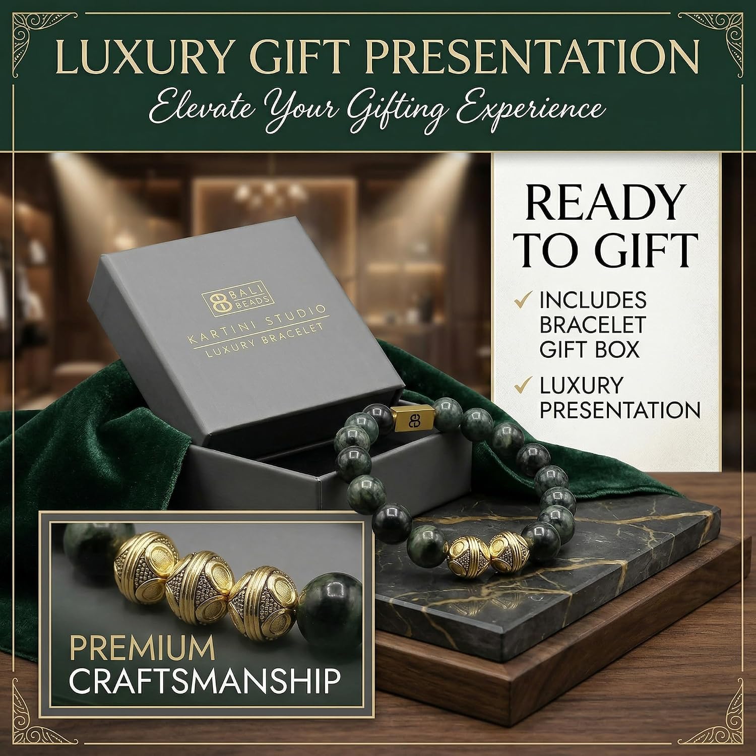 Kartini Studio Men's Jade and Gold Beads Bracelet, Men's Bead Bracelet, Quality Bead Jewelry for Man