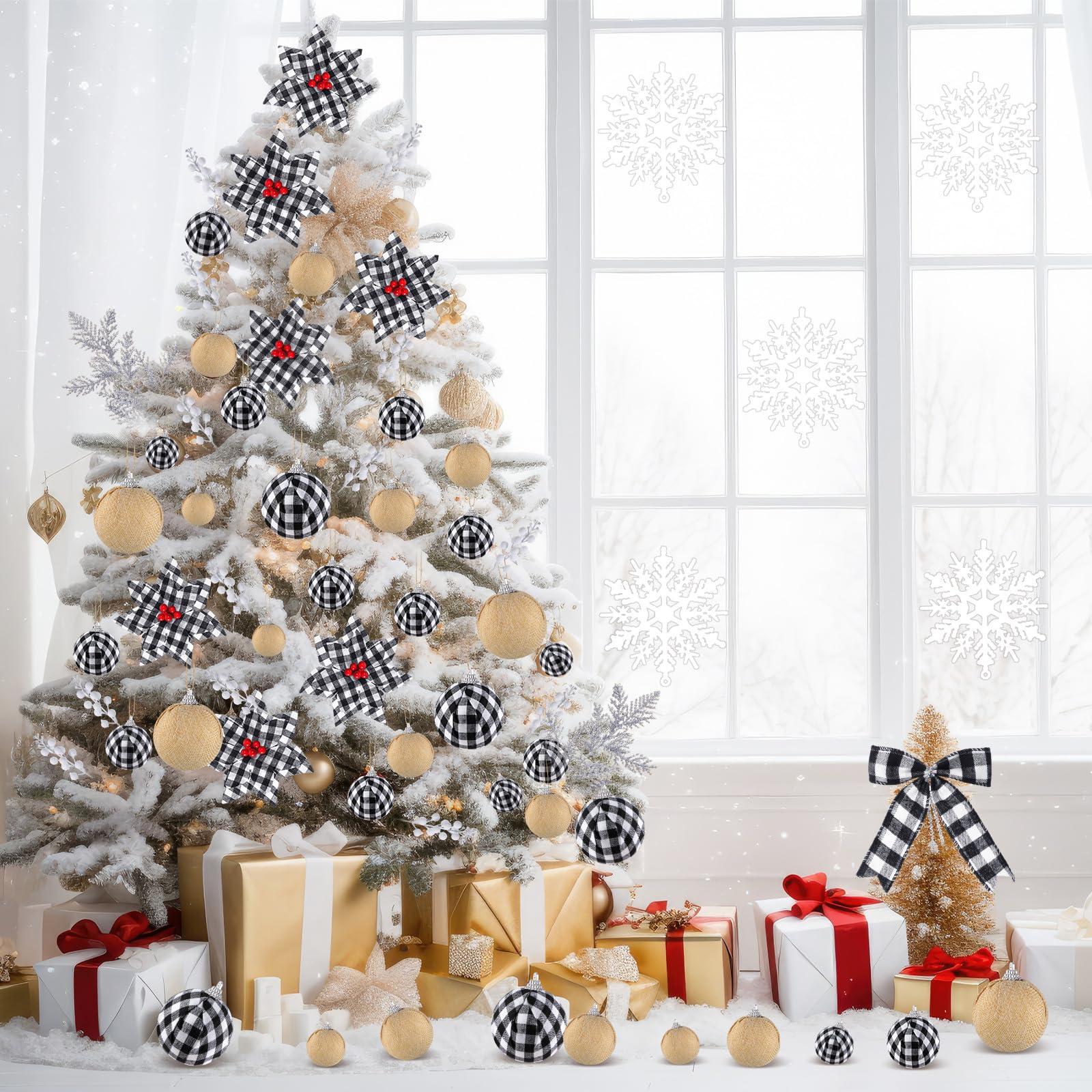 Lyrow Lot de 94 décorations de sapin de Noël à carreaux de buffle - Décorations de Noël - Fleurs poinsettia - Baies pour Noël, vacances, mariage (noir et blanc)
