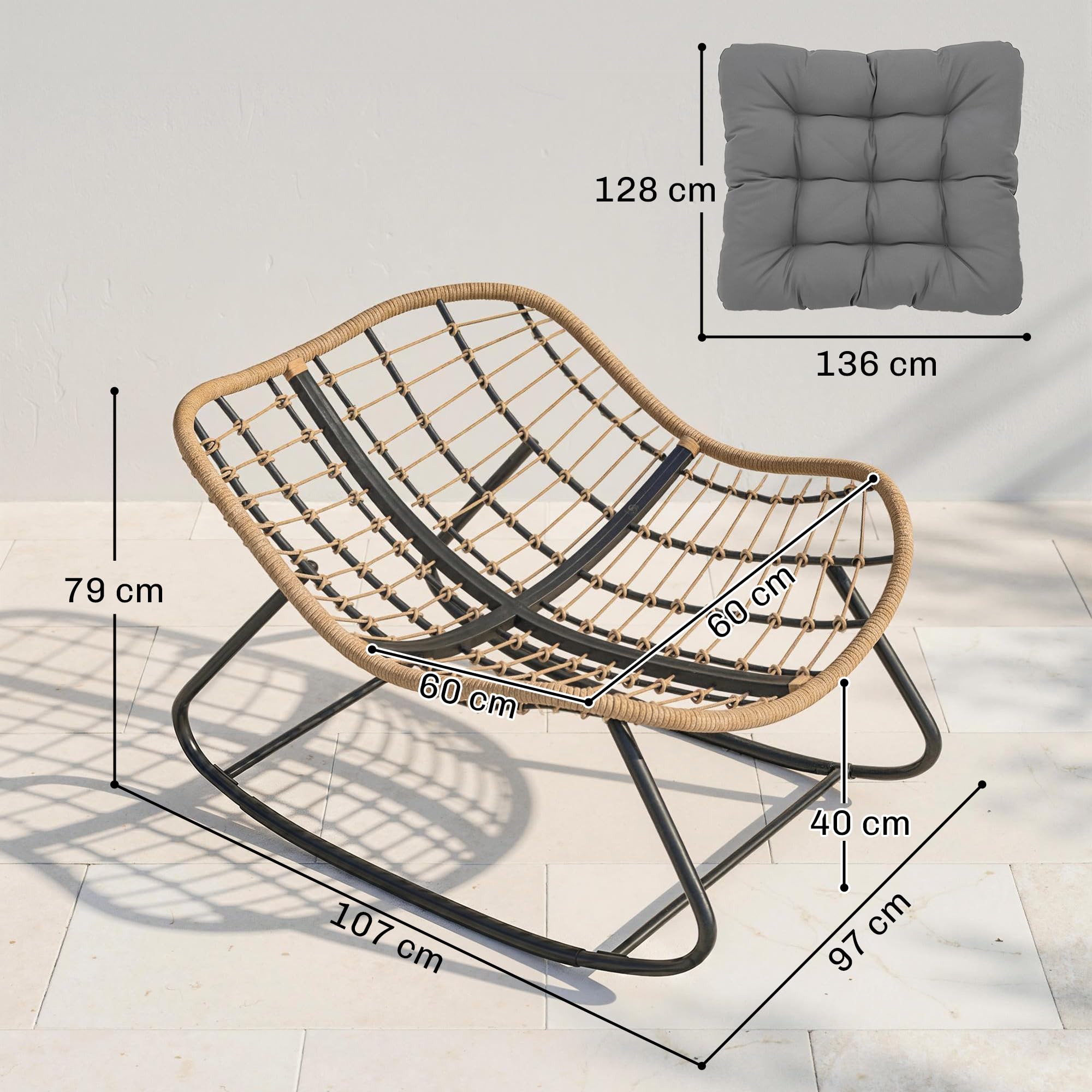 Outsunny Fauteuil à Bascule Papasan, Fauteuil à Bascule Intérieur Extérieur en Résine Tréssée avec Coussin, Chaise Ovale rembourrée en Rotin pour Salon, Jardin, Patio, Balcon, Gris
