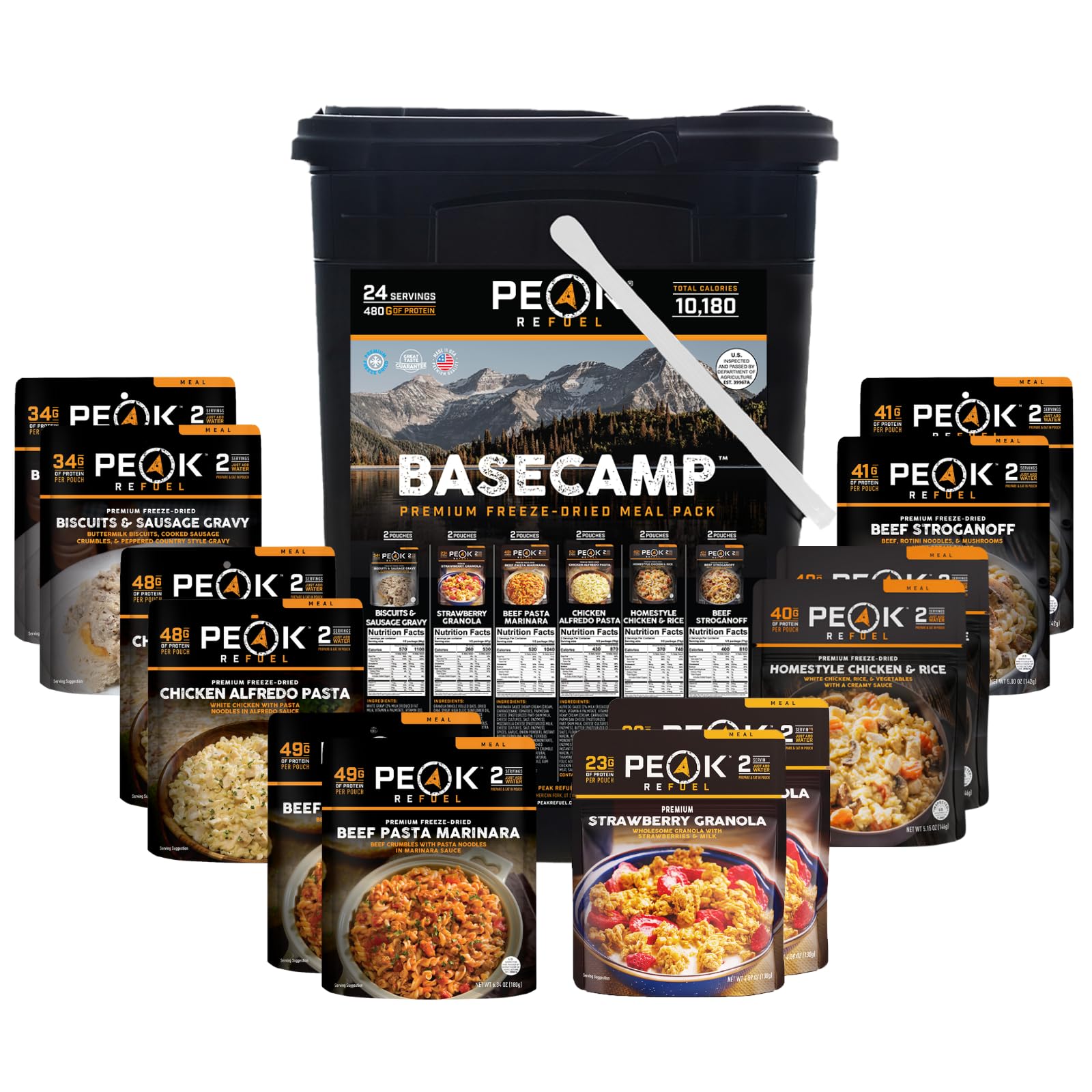 Peak Refuel Basecamp Bucket 3.0 | 480g Protein | 10180 Calories | 100% Real Meat | Premium Freeze Dried Backpacking & Camping Food | 24 Servings | Ideal MRE Survival Meal