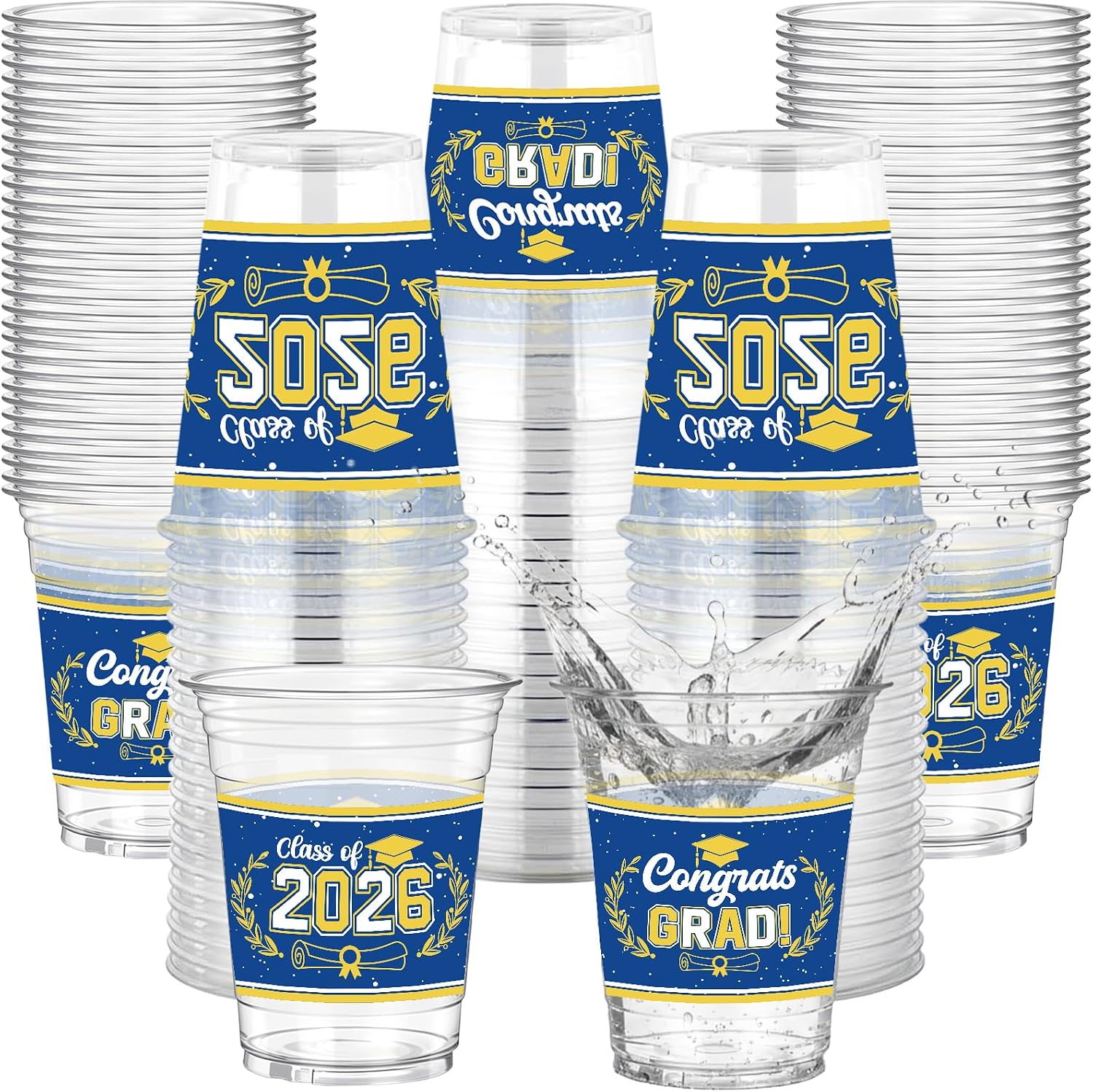 Graduation Decoration Class of 2026, 50 Pcs Blue Gold Disposable Transparent Plastic Cups for Graduation Ceremony, 2026 Grad Beverage Cup Party Decorations Supplies