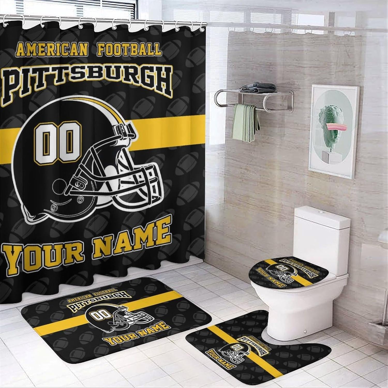 Custom Pittsburgh Style Football Shower Curtain 4-Set,Personalized Name and Number Bathroom Decor Set,Includes Floor Mat, Toilet Cover Mat, U-Mat, and Shower Curtain with 12 Hooks,72inx72in