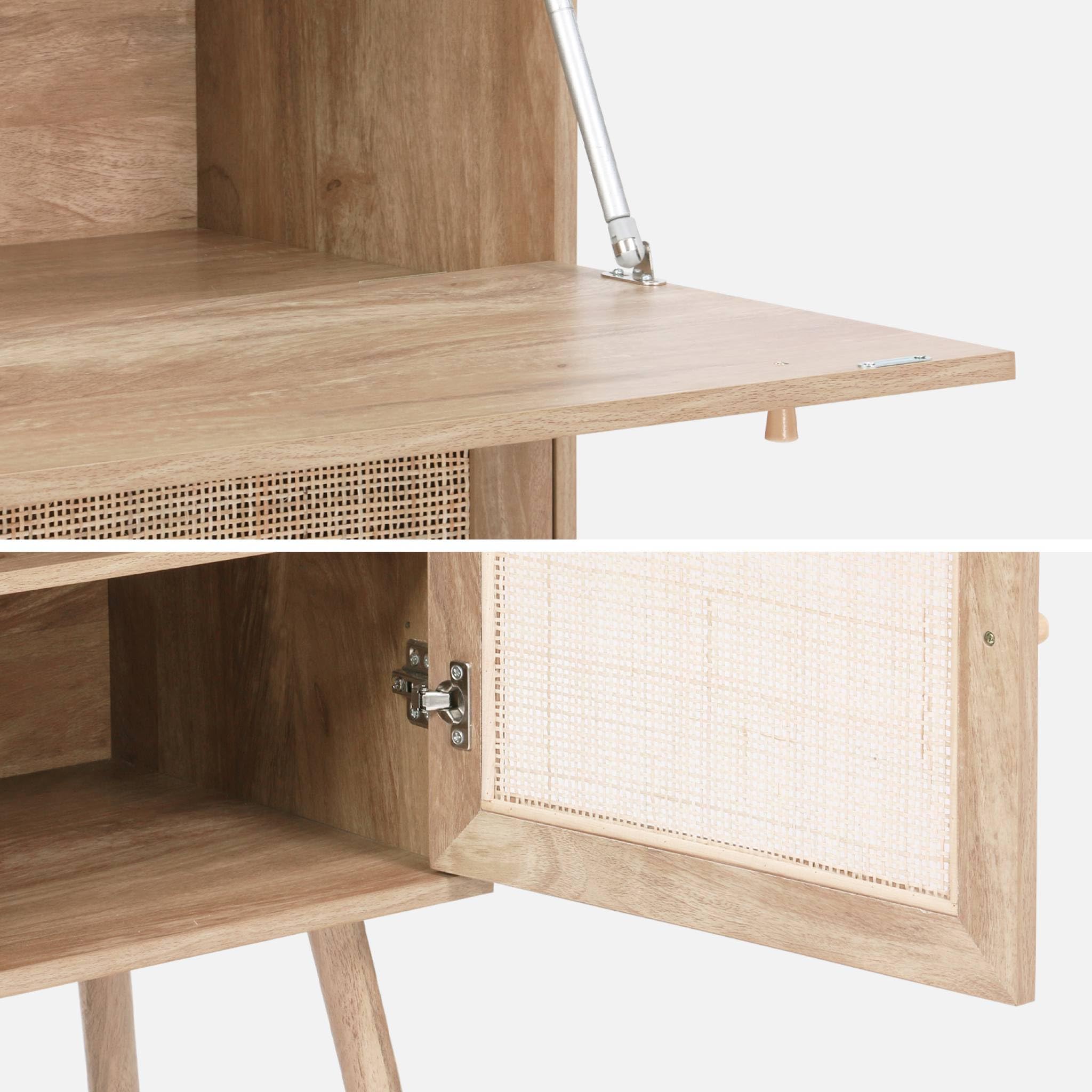 sweeek - Schreibschrank/Sekretär, 2 Türen aus Rohrgeflecht, Regale, Holzeffekt, Beine aus Tannenholz - Bohème