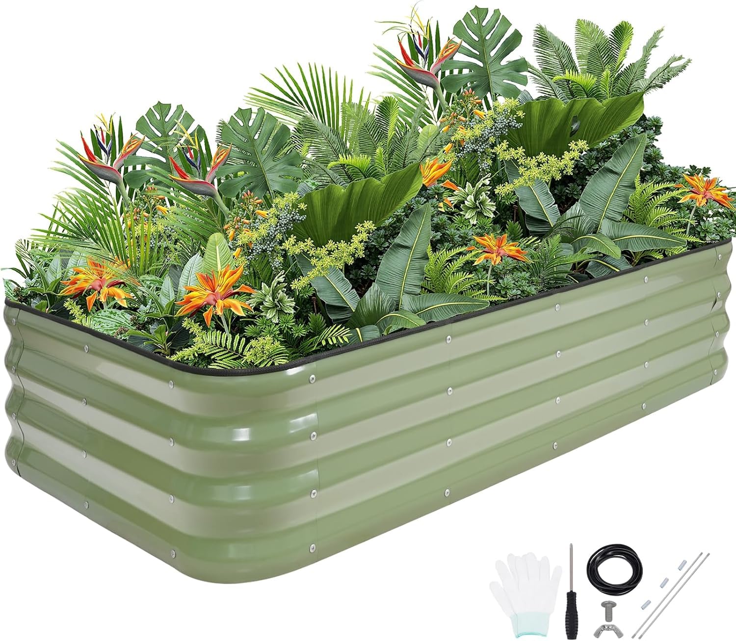 Jardinière surélevée réglable 4 en 1, vert | Jardinière surélevée en métal avec bordure de sécurité et gants pour légumes, fruits, fleurs.