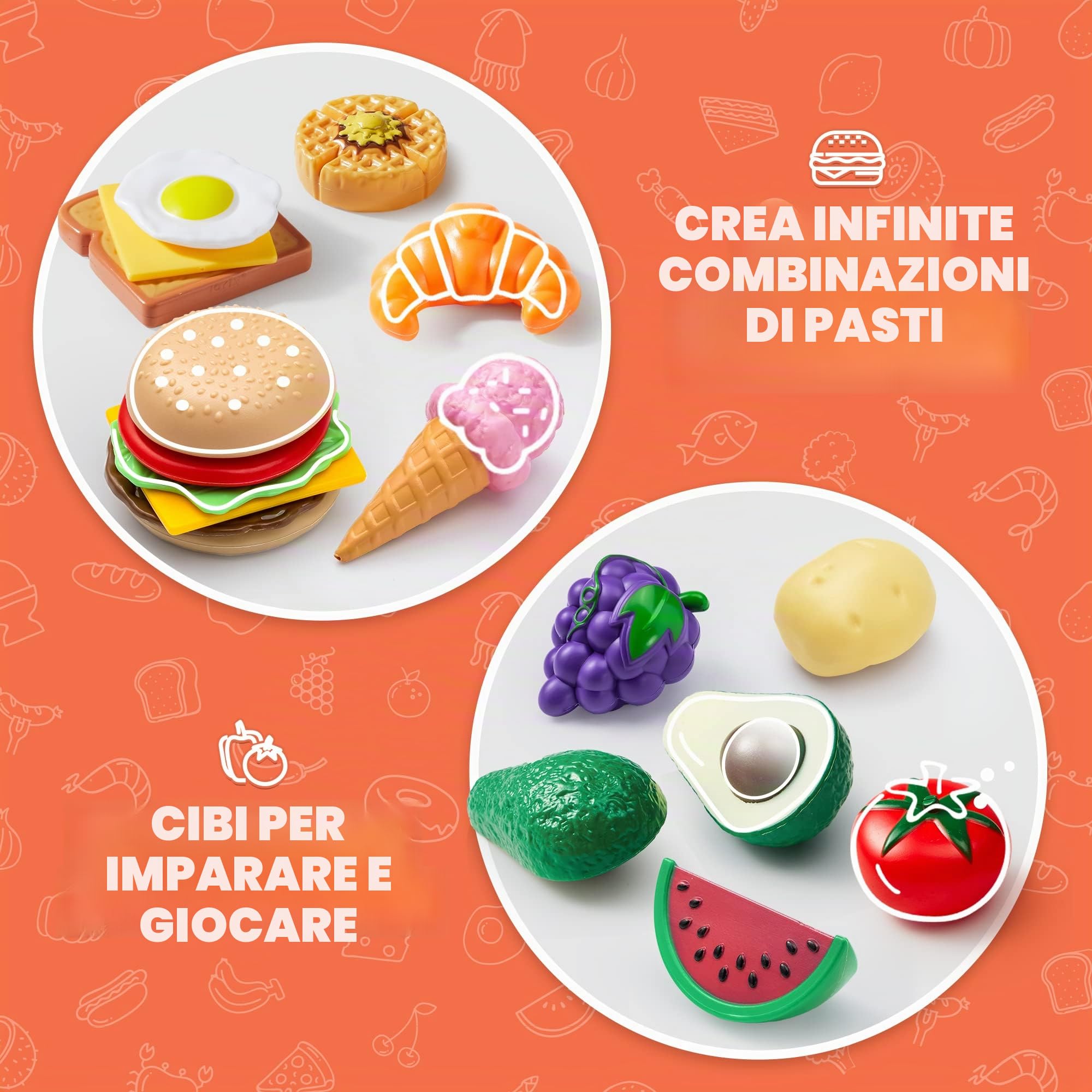 JOYIN 50 pezzi di giocattoli alimentari cibo giocattoli accessori cucina gioco educativo di ruolo con frutta pane verdura per bambini