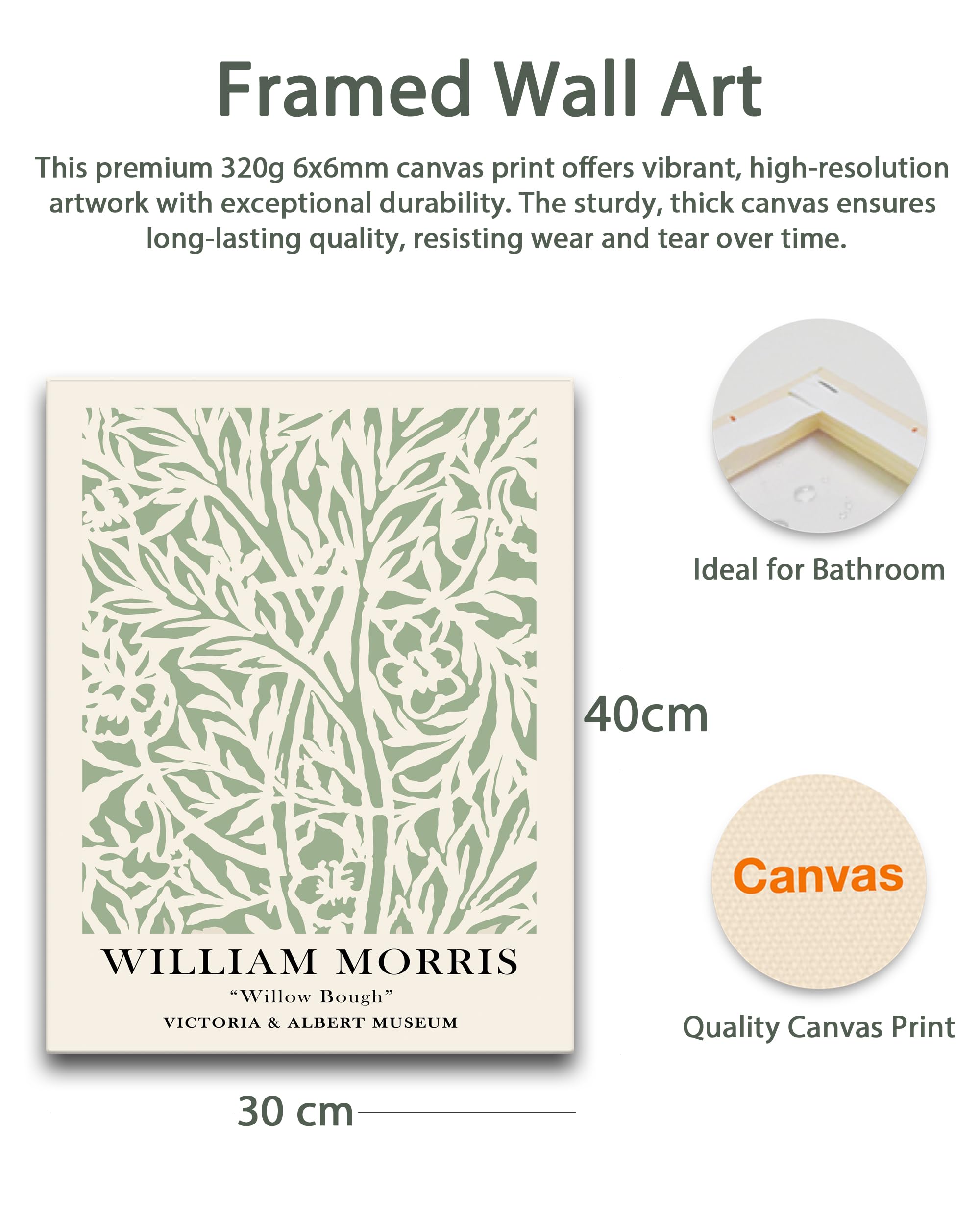 HesenDot Matisse Sage Green Framed Wall Art,William Morris Canvas Wall Decor 30x40CM Plants Botanical Poster Prints,Minimalist Classic Home Decor for Living Room Bedroom Bathroom Office,Set of 3 - Image 2