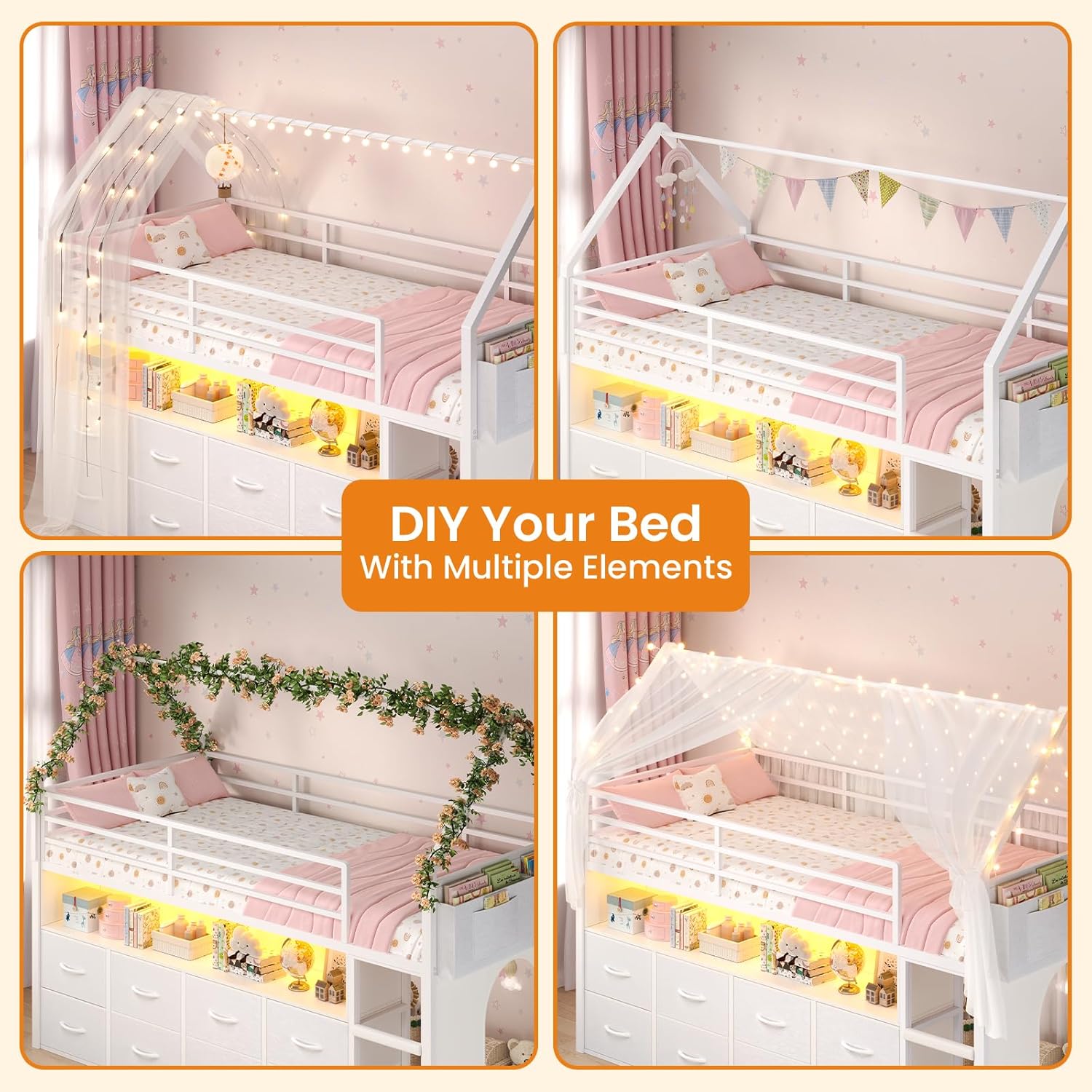 BTHFST Twin Size Loft Bed for Kids, 8 Storage Drawers & LED Lights, House Shaped Metal Bed with Bookcase, Soft Foam Ladder, 13.4" Safety Guardrail, Space Saving, Fun Curtain