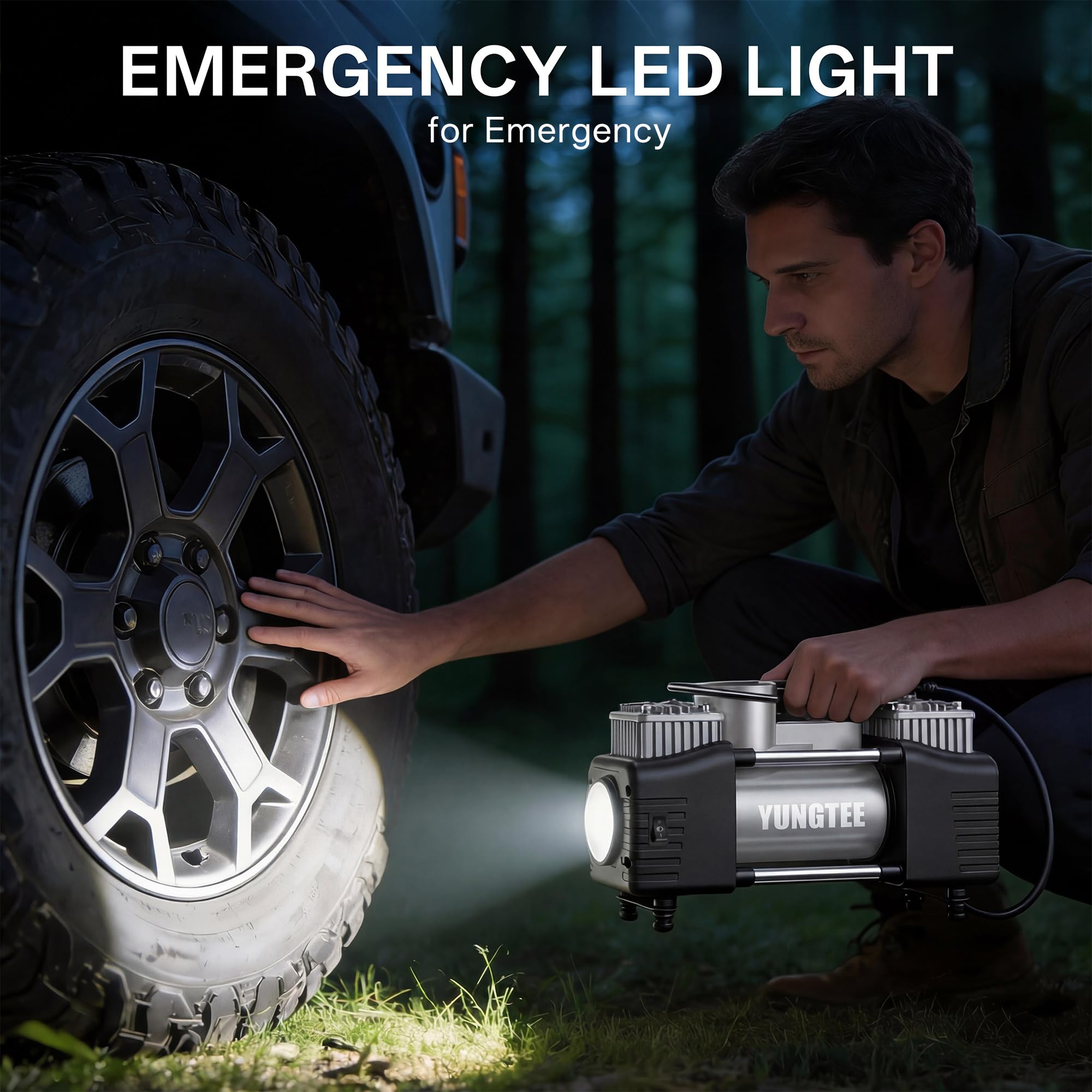YUNGTEE Inflador de neumáticos portátil, compresor de aire de doble cilindro de 12 V 150 PSI | Luz de emergencia LED, manguera de extensión de 11 pies para coches, SUV, caravanas e inflables, color plateado