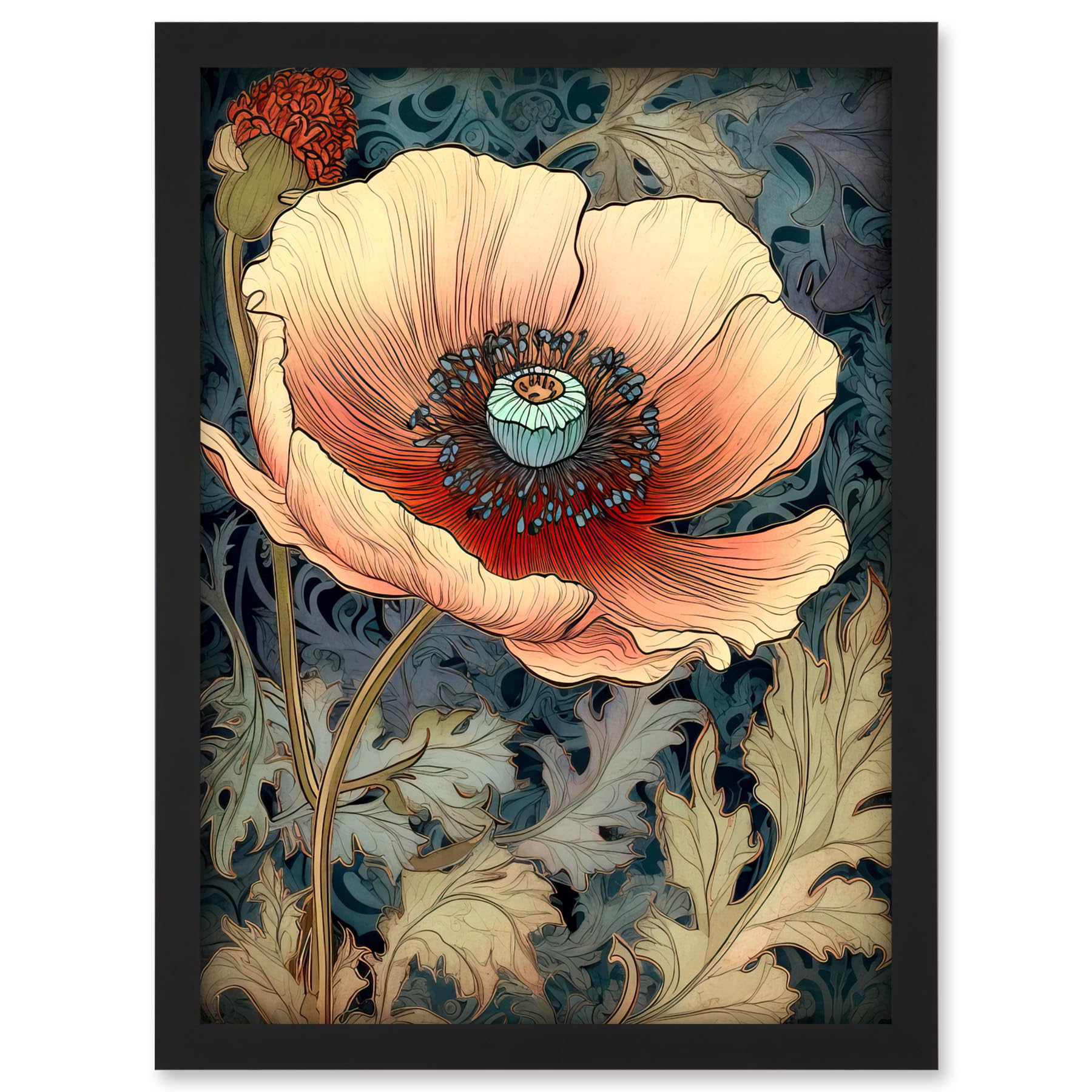 Artery8 William Morris Style Peach Anemone Flower Bloom Artwork Framed A3 Wall Art Print