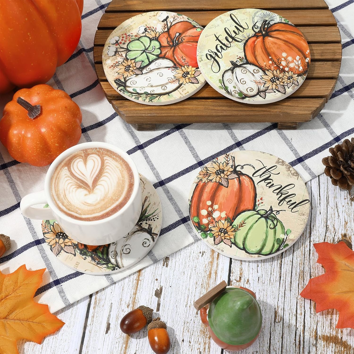 4Pcs Fall Coasters Retro Pumpkin Ceramic Drink Coasters Grateful Thankful Cup Mats for Autumn Harvest Thanksgiving Home Kitchen Table Protection Housewarming Gift