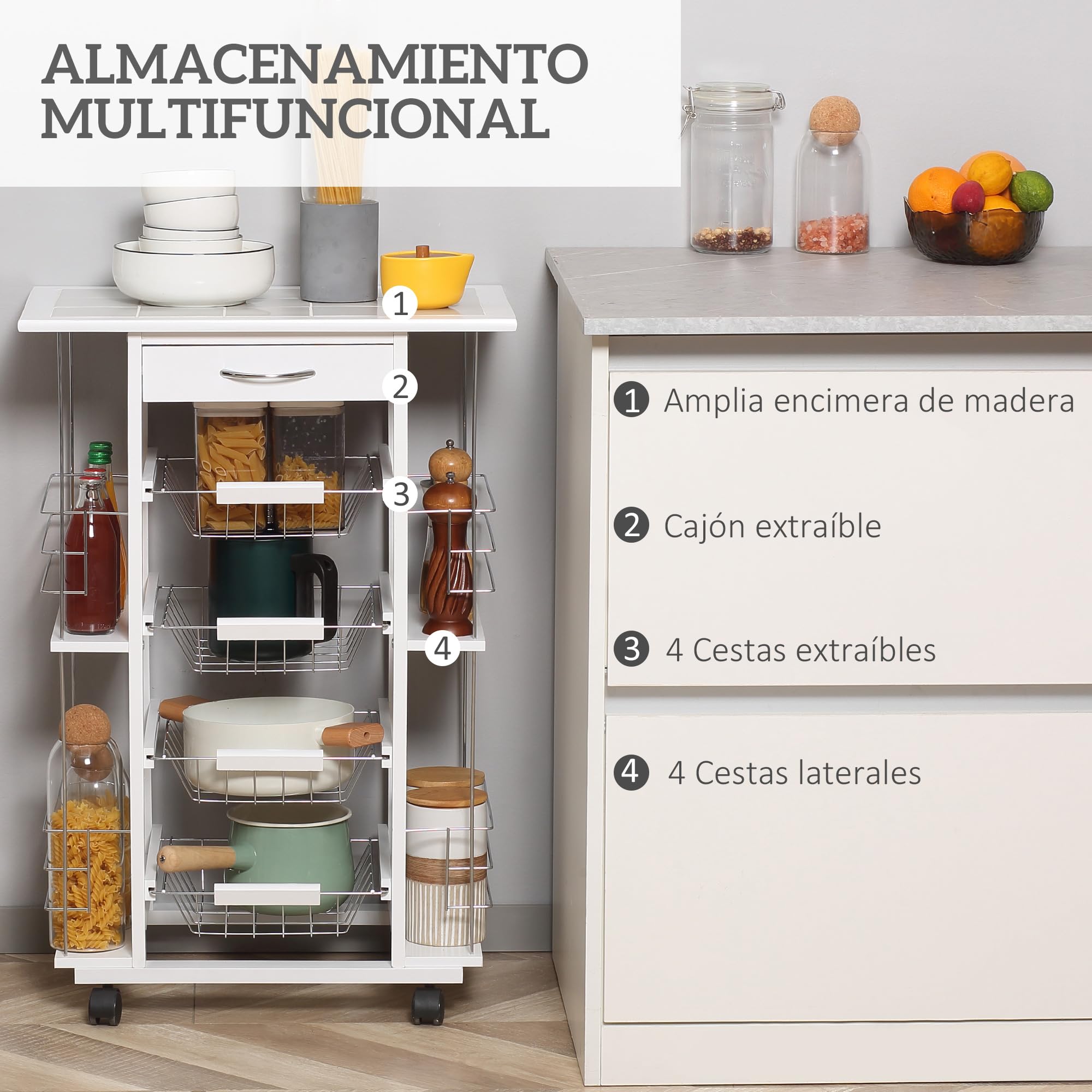 HOMCOM Carrito de Cocina con Ruedas y Encimera Baldosada Carrito Verdulero con Cajón, 4 Cestas Metálicas y 4 Porta Especias Laterales para Comedor 57x37x83 cm Blanco