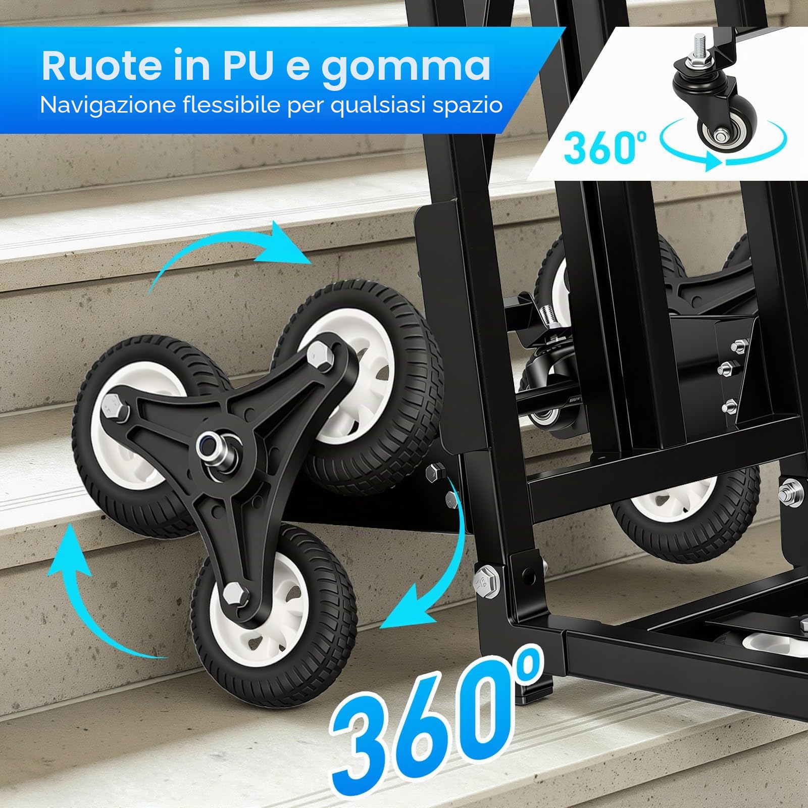 Carrello per salire le scale, pieghevole, carrello per il trasporto di scale, carrello pieghevole in acciaio, portata 150 kg, manico regolabile in altezza, con cavo di fissaggio, per magazzino