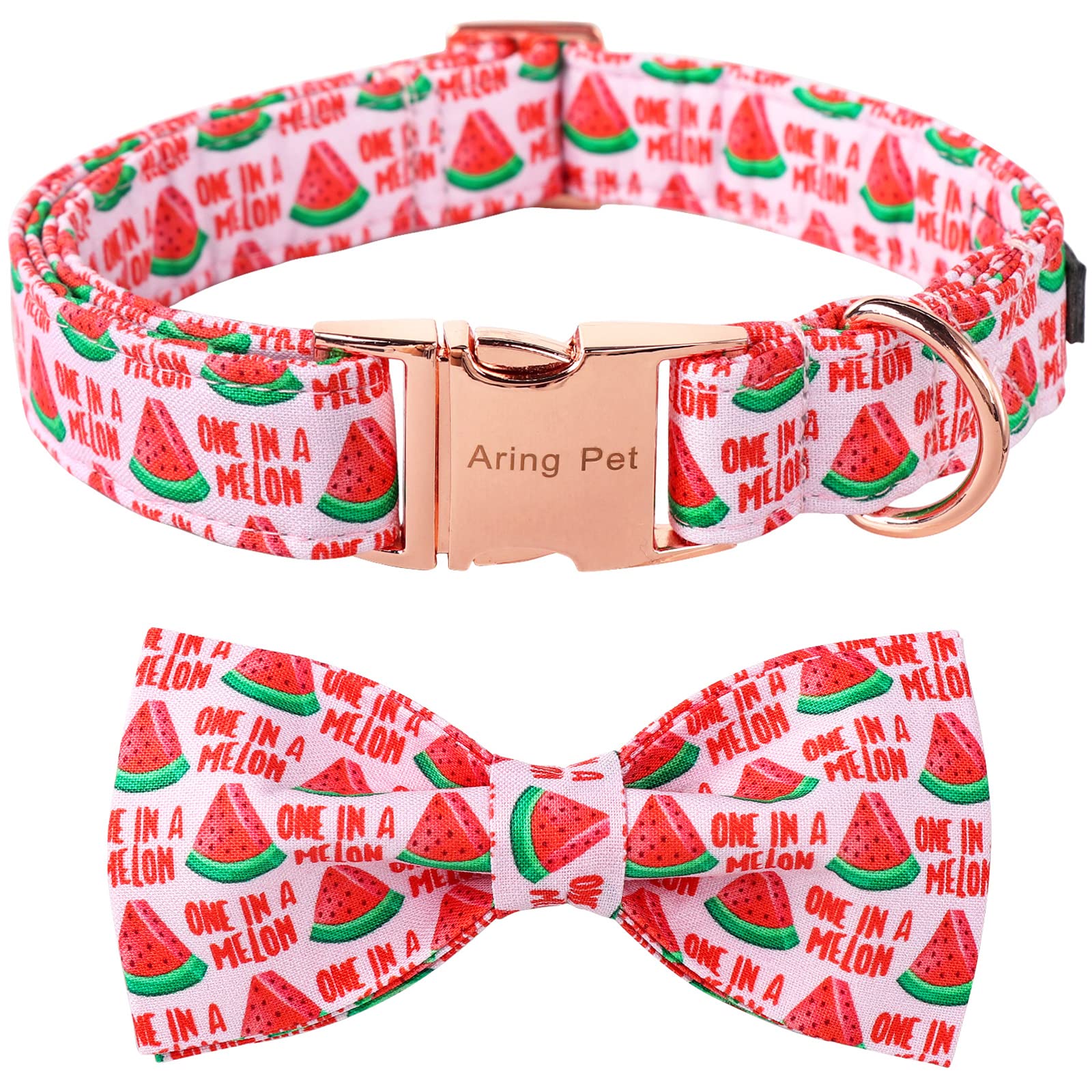 Aring petSummer Dog Collar-Pink Watermelon Dog Collar with Bow, Adjustable Cotton Bowtie Dog Collar Pet Collars with Metal Buckle