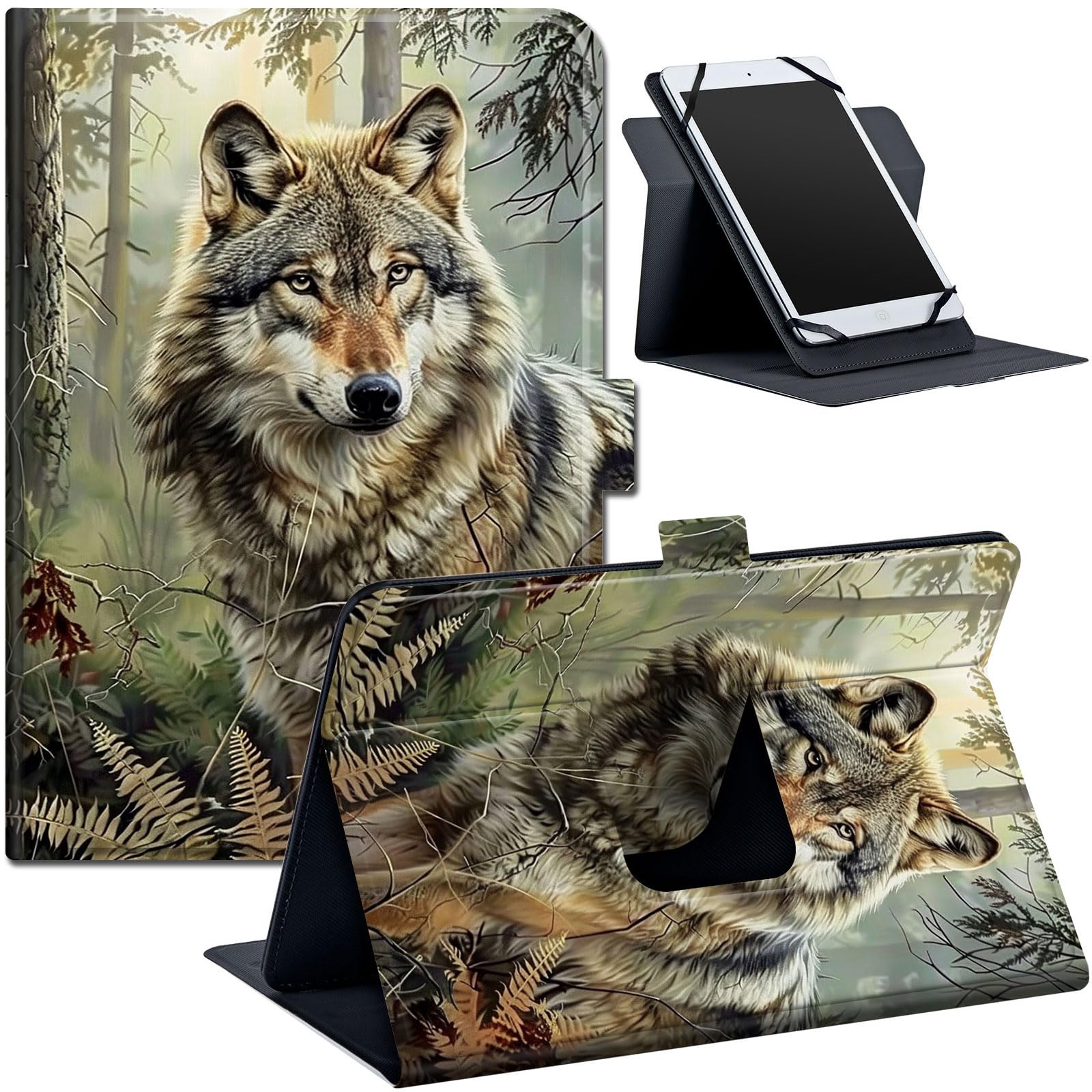 Funda universal para tablet de 9 a 10.5 pulgadas, apta para tablet Fire HD 10, funda protectora universal para tablet, con banda de fijación ajustable y múltiples ángulos de visión, lobo espiritual