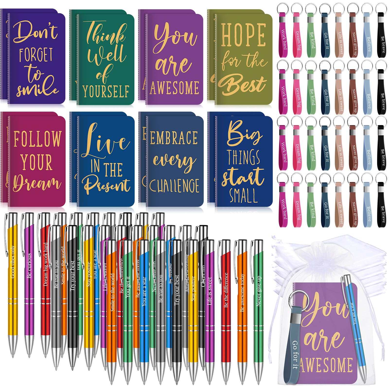 Pajean 128 cuadernos motivacionales a granel, regalos inspiradores, bolígrafos, llaveros de afirmación positiva, bolsas de organza para estudiantes, profesores, empleados, escuela, oficina, premios