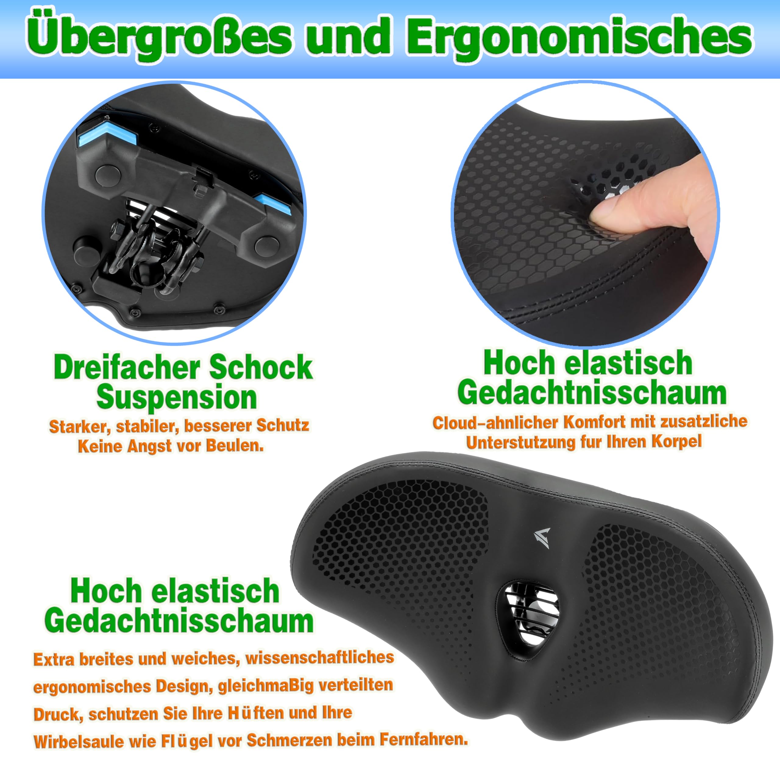 Sella per bicicletta oversize per uomo e donna, sella universale per mountain bike, city bike, bici elettriche, cyclette, comoda, extra larga, traspirante, ergonomica (nero)