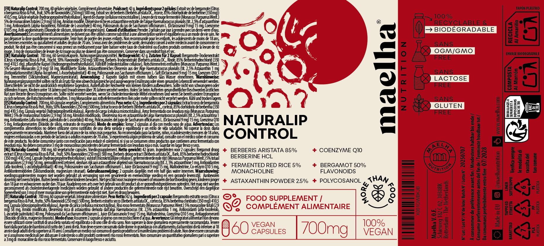 Naturalip Control | Ayuda a mantener los niveles de colesterol y Triglicéridos | Arroz de lavadura roja, Berberina, Coenzima Q10 y Astaxantina | Alta concentración | 60 Cápsulas | 100% Vegano