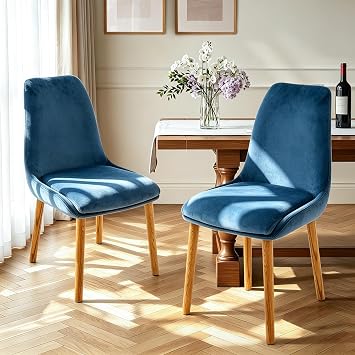 Dining Chairs Set of 2, Soft Fabric Upholstery Armless with Wood Legs Blue