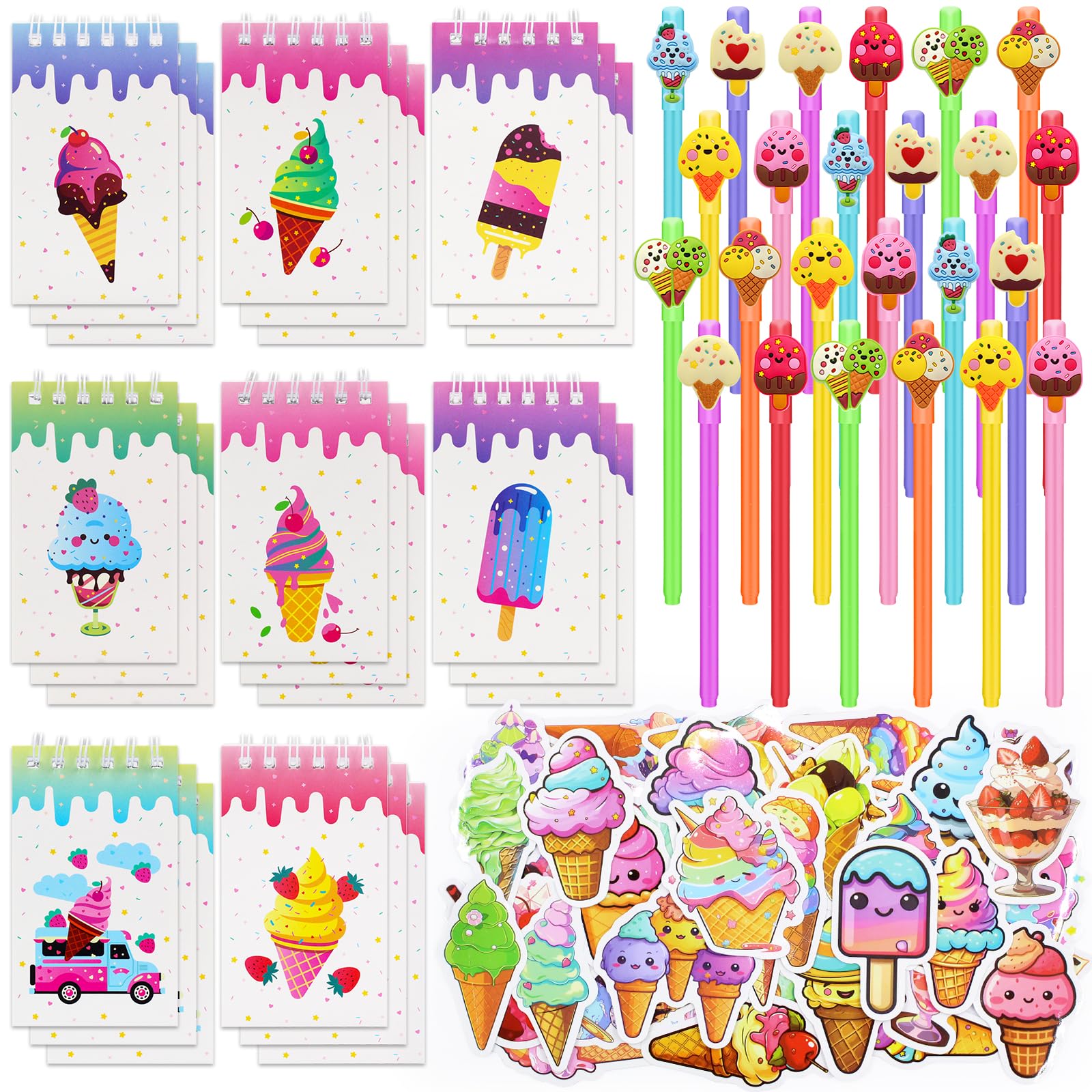 BOIKOKY 148Pcs Ice Cream Party Favors Set - 24 Ice Cream Notebooks, 24 Decorative Pens, 100 Stickers for Kids Ice CreamThemed Birthday Party Class
