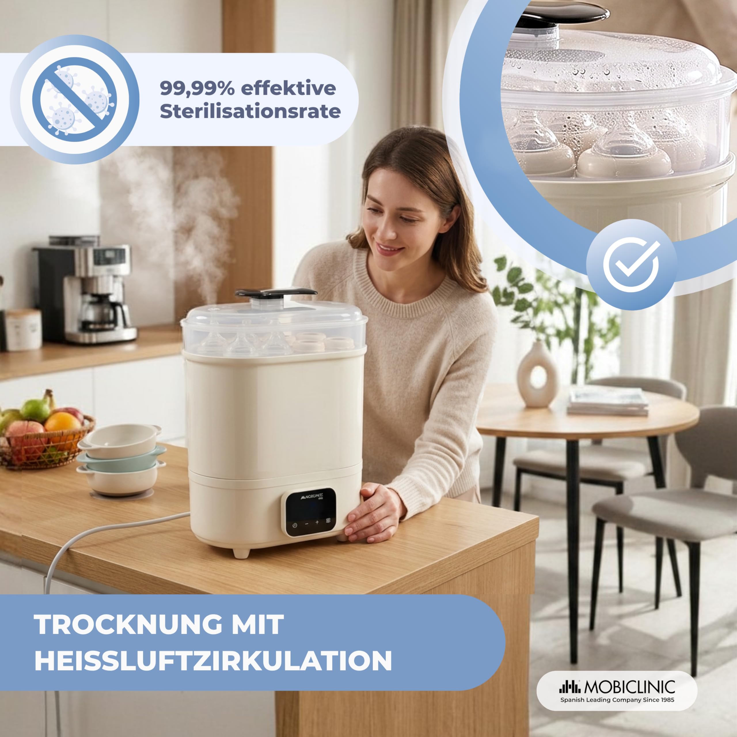 Mobiclinic®, Sterilisator für Babyflaschen, 4 in 1, Bis zu 6 Flaschen, Trocknet, Hält die Temperatur, Automatikmodus, Schnuller und Milchpumpen, LCD-Bildschirm, Kompakt, Mobibi