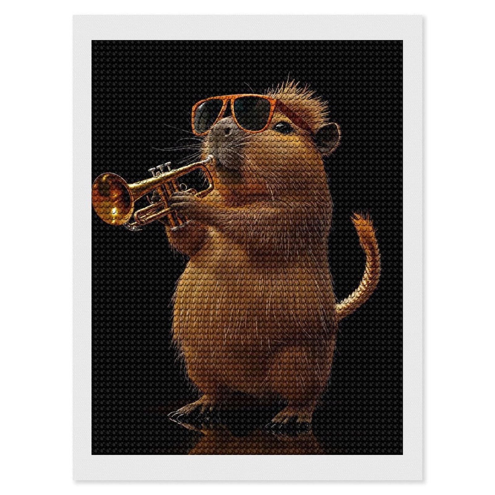 Junmoney Capybara Trumpet Diamond Art Kit 12"x16", Bedroom Decor, Adhesive Canvas, Full Kit Included, Thoughtful Present, Birthday Gift