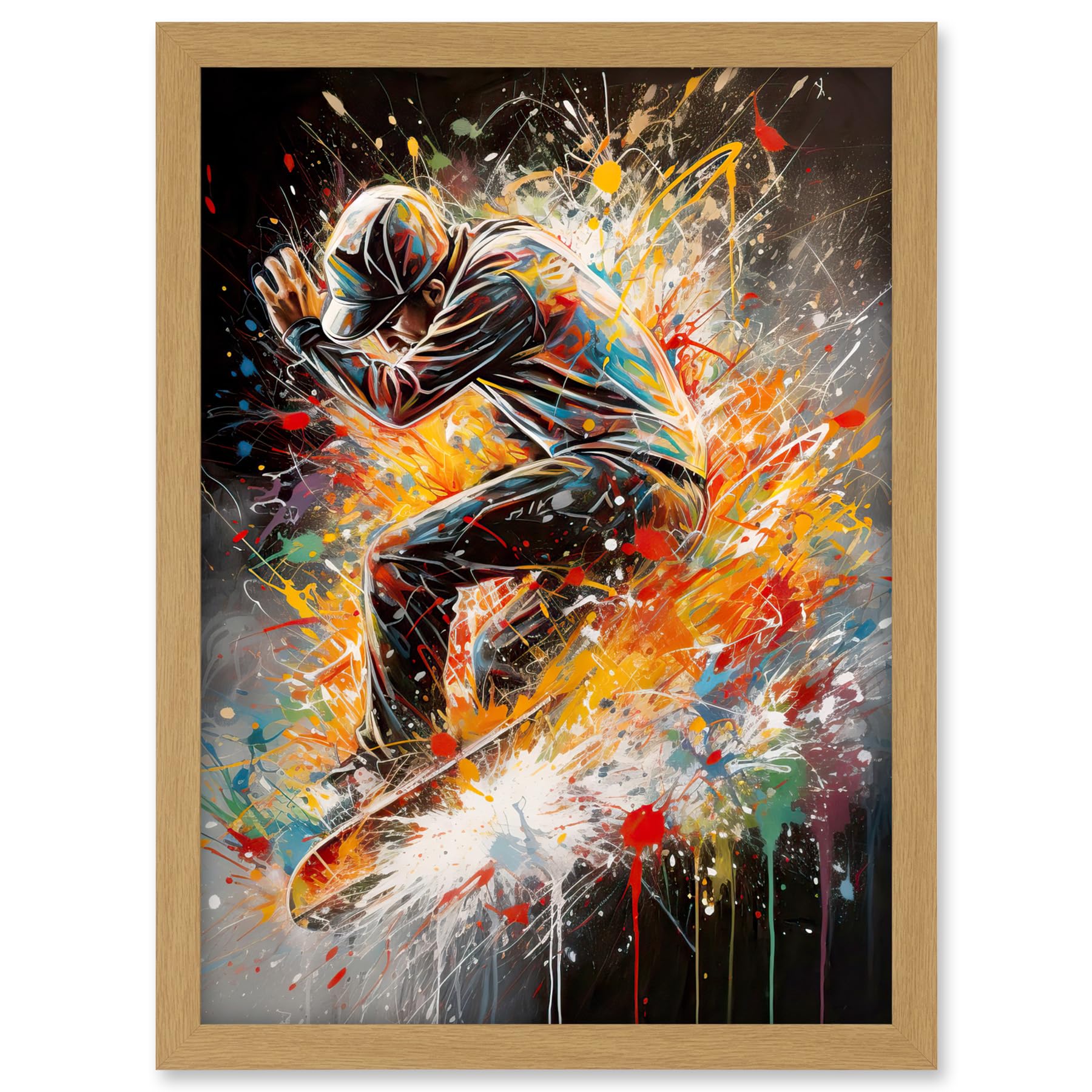 Artery8 Skateboarder Vibrant Splat Paint Action Shot Artwork Framed A3 Wall Art Print