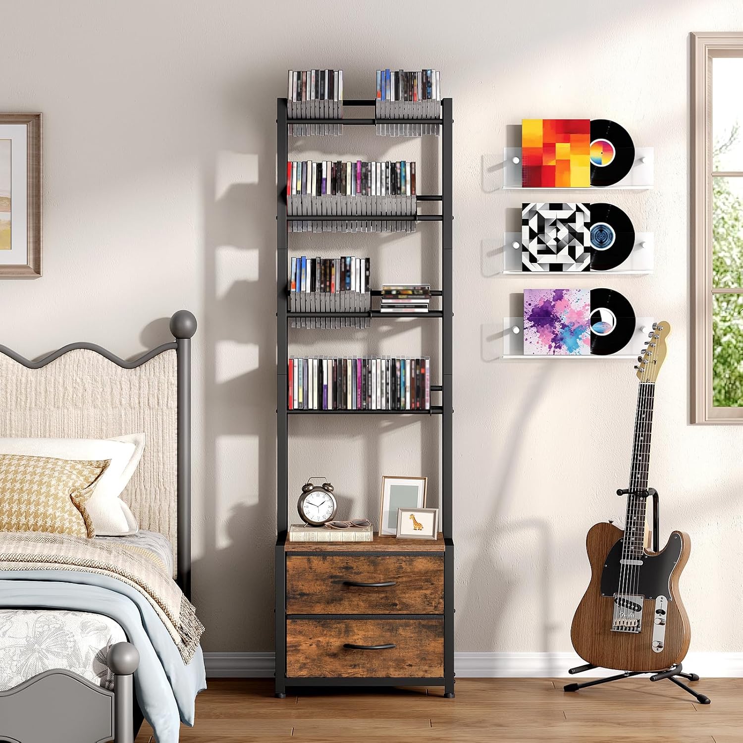 HOOBRO CD Storage Rack with Drawer, 5-Tier DVD Organizer Shelf | Media Storage Rack with Adjustable Book Stoppers for CDs, DVDs, Books and Games, for Living Room, Bedroom, Home Office