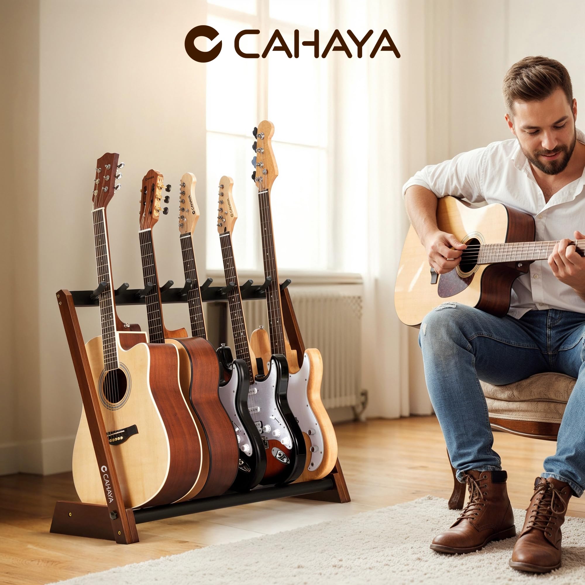CAHAYA Supporto Multi Chitarre in Legno - Stand da Pavimento per 5 Chitarre Pieghevole e Portatile per Chitarre Acustiche, Elettriche, Classiche e Basso - Espositore per Casa e Studio